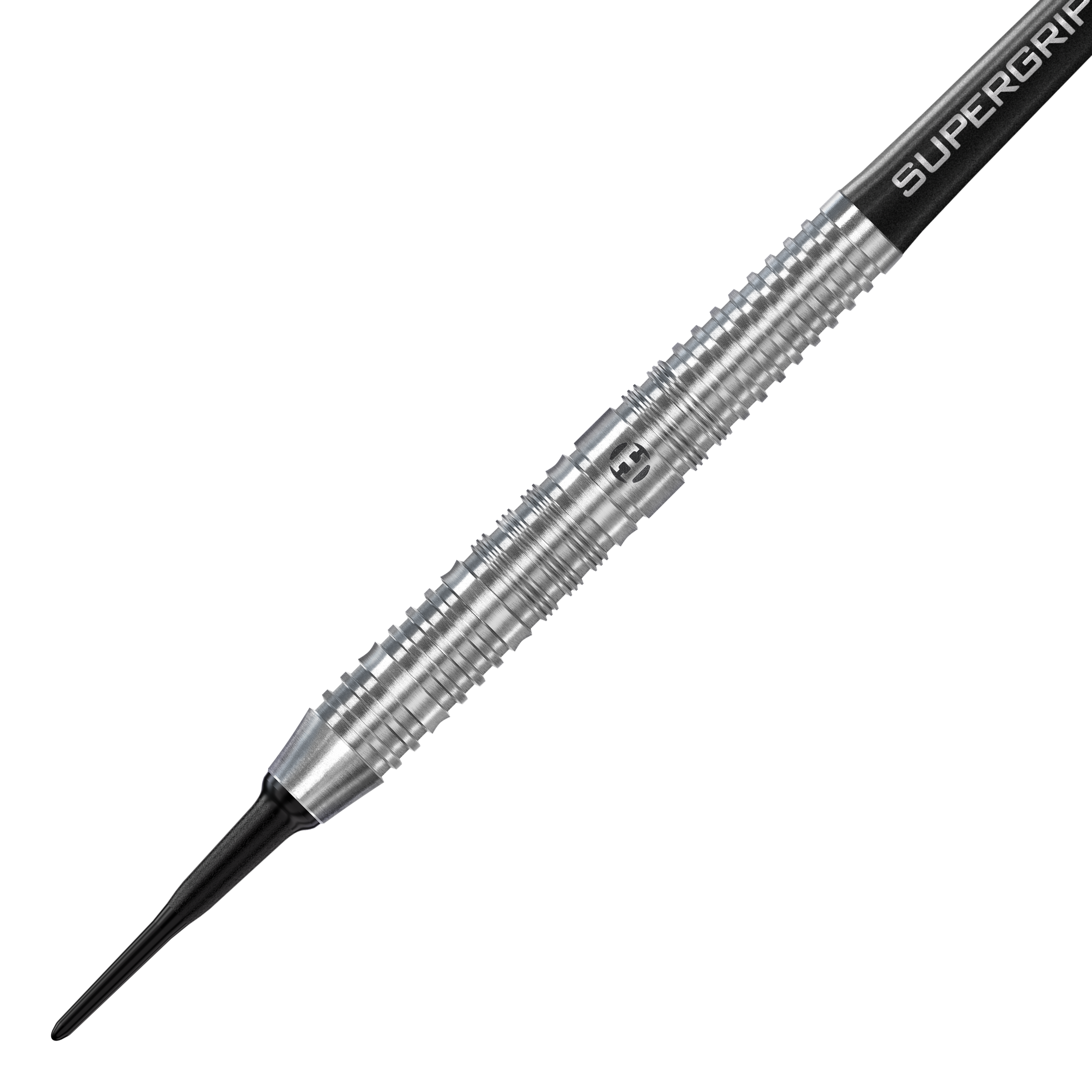 Fléchettes souples parallèles Harrows NX90 Das Bild zeigt einen Harrows NX90 Parallel Softdart mit silbernem, geriffelten Barrel. Die Spitze ist schwarz und der Schaft trägt die Aufschrift "SUPERGRIP".