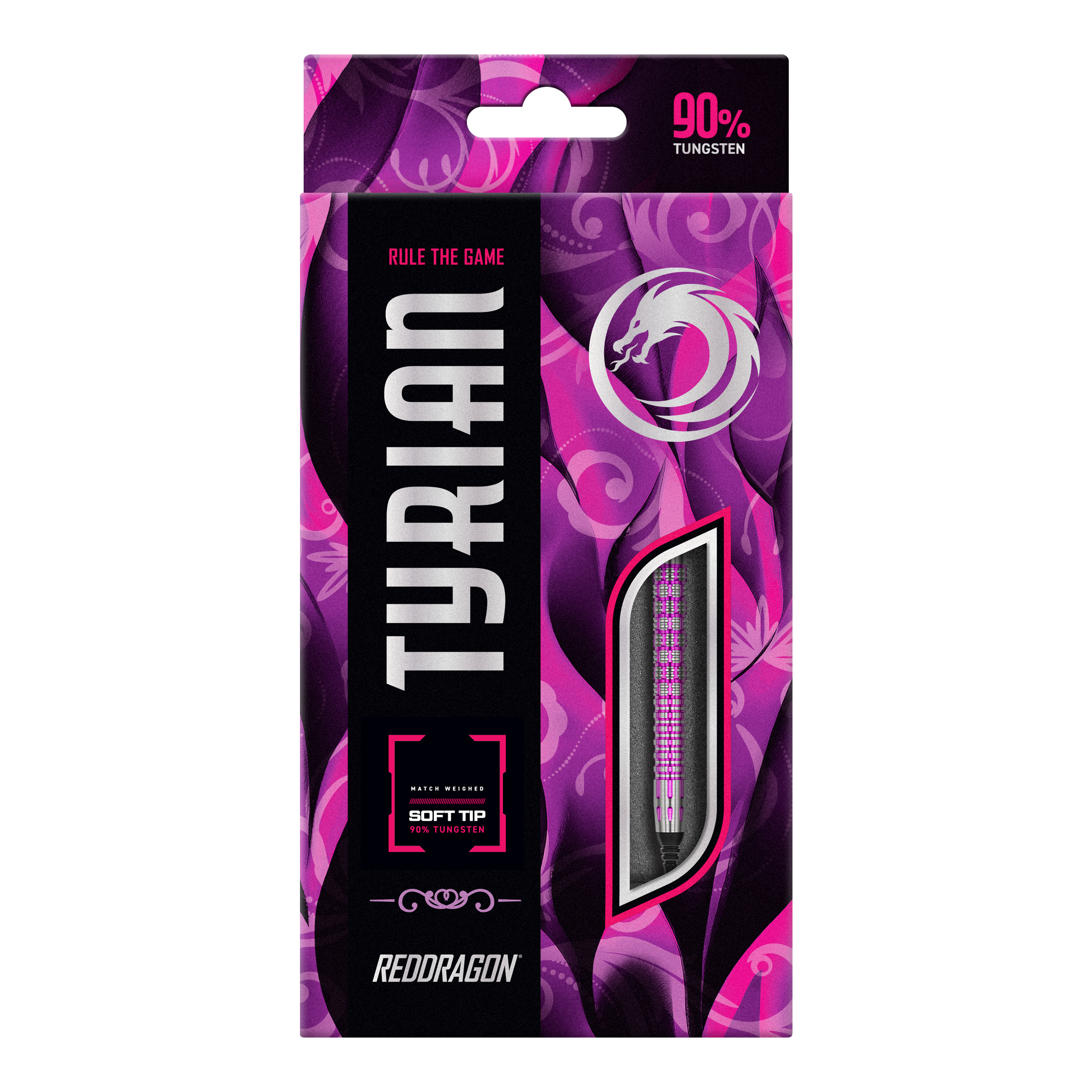 Fléchettes souples Red Dragon Tyrian - 22 g Die Abbildung zeigt die Verpackung der "Red Dragon Tyrian Softdarts - 22g". Die Schachtel ist lila und pink gestaltet und hebt hervor, dass die Darts zu 90 % aus Wolfram bestehen.