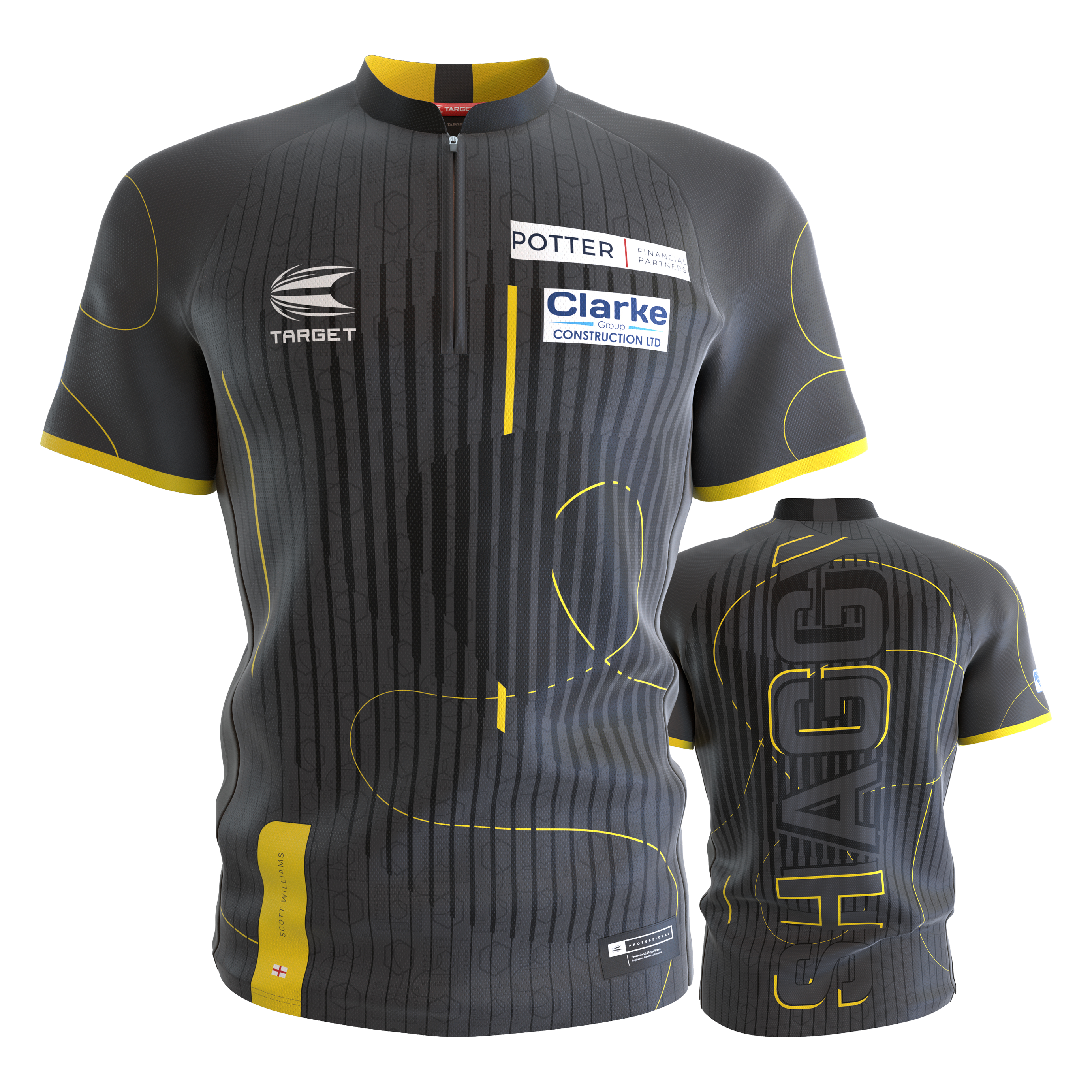 Chemise de fléchettes sans col Target Coolplay Scott Williams Das Bild zeigt das Target Coolplay Collarless Scott Williams Dartshirt in Grau mit gelben Akzenten. Auf der Vorderseite sind Sponsorenlogos zu sehen und auf der Rückseite steht groß "SHAGGY".