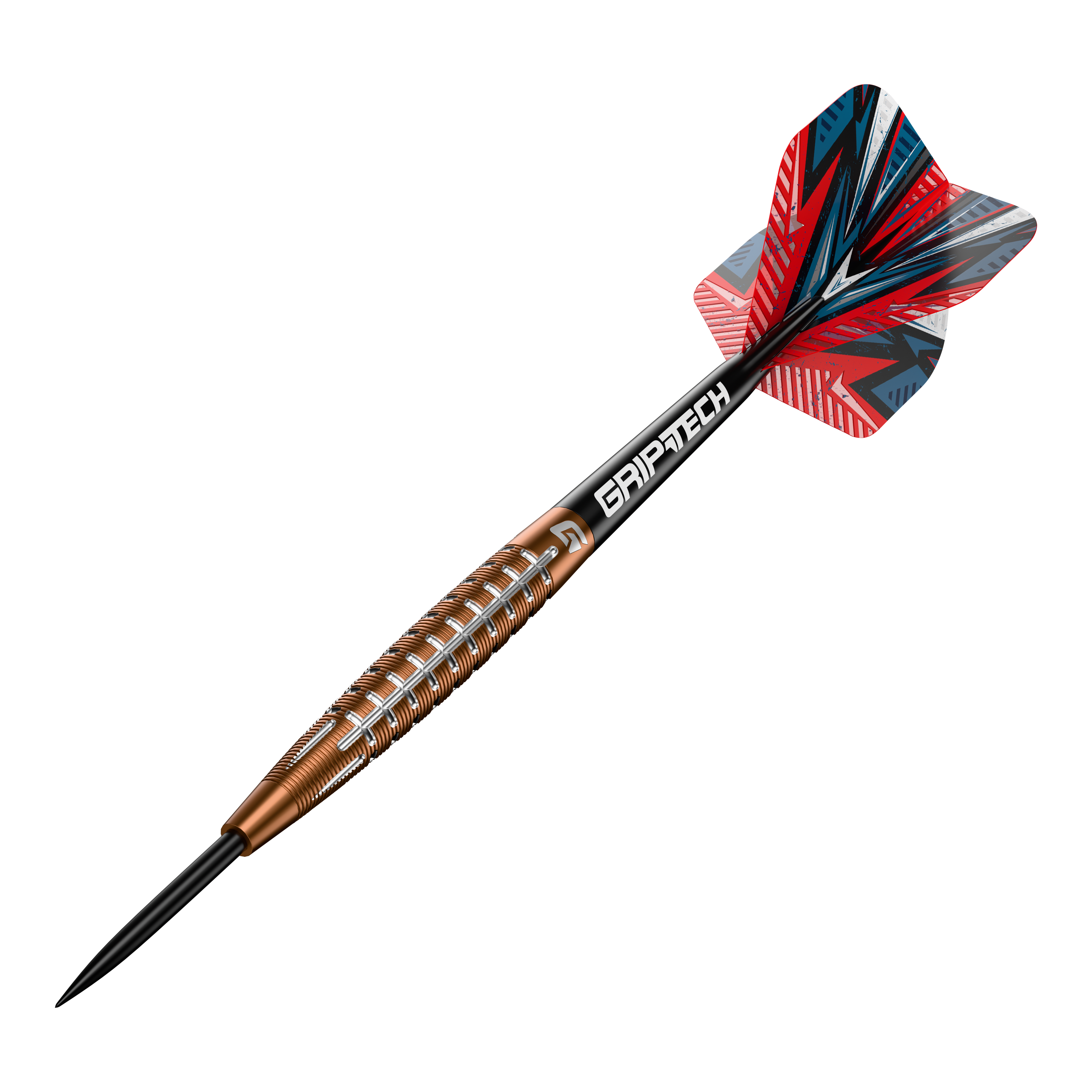 Fléchettes en acier tungstène GOAT Quarterback V1 Das Bild zeigt einen GOAT Quarterback V1 Tungsten Steeldart. Der Dartpfeil hat ein auffälliges Design mit einer rot-blauen Flight und einem goldenen Griff mit silbernen Rillen.