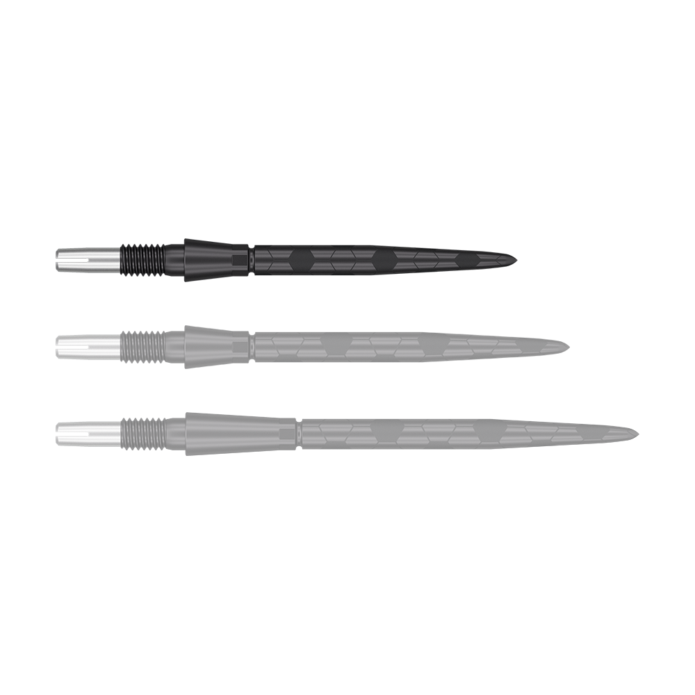 Pointes de fléchettes Target Swiss Storm Onyx Point - Noires Das Bild zeigt drei schwarze Dartspitzen in einer Reihe. Sie haben ein metallisches Gewinde am einen Ende und sind schlank sowie geriffelt gestaltet.