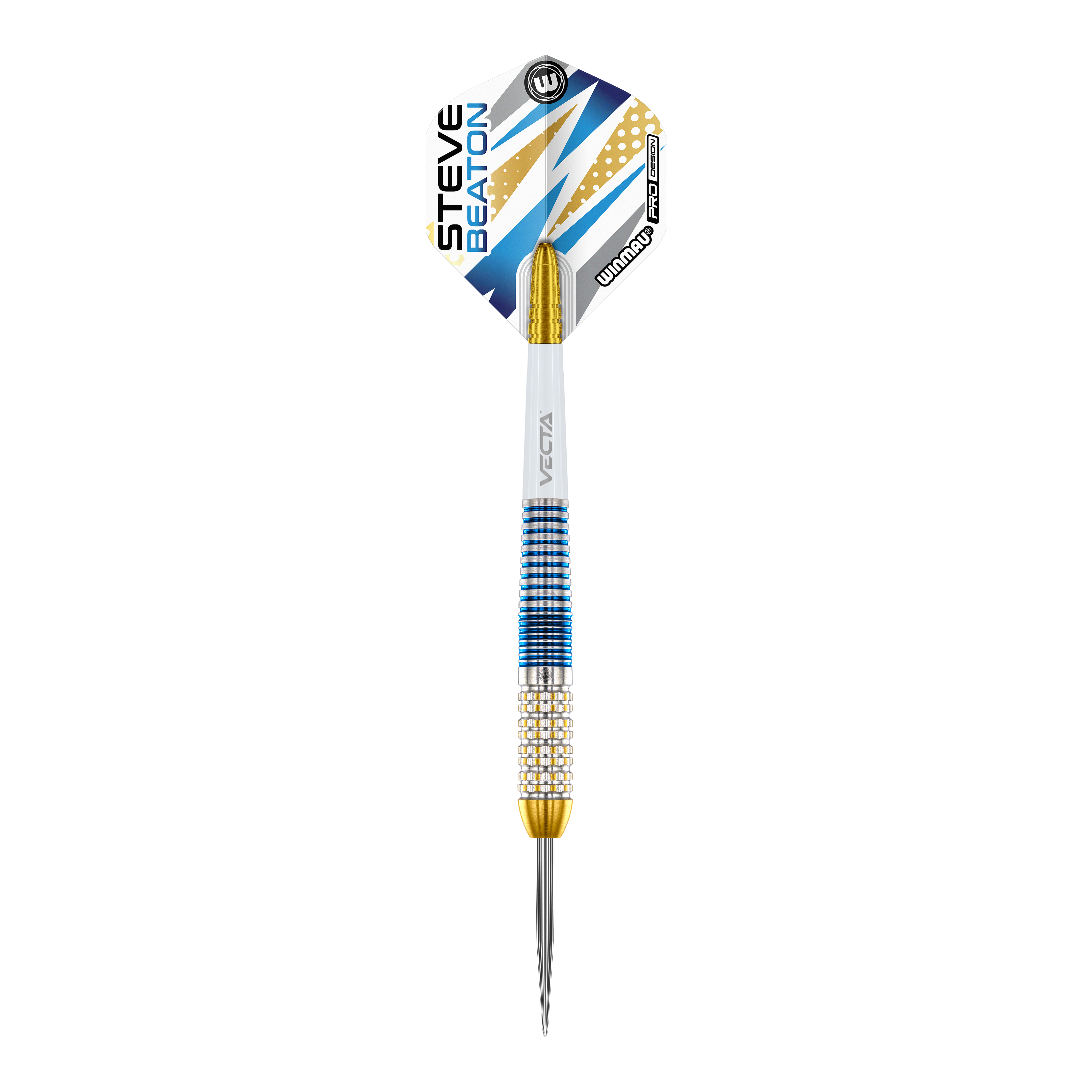 Fléchettes en acier Winmau Steve Beaton Legend Series Das Bild zeigt einen Winmau Steve Beaton Legend Series Steeldart. Der Dart ist blau, gold und weiß gestaltet und hat den Namen "Steve Beaton" auf dem Flight.