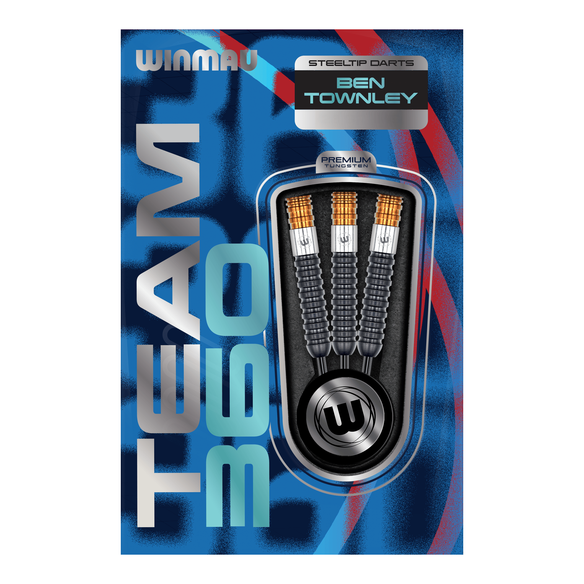 Das Bild zeigt die Winmau Team 360 Ben Townley Steeldarts - 23g Darts. Diese Darts sind speziell für professionelle Spieler entworfen.
