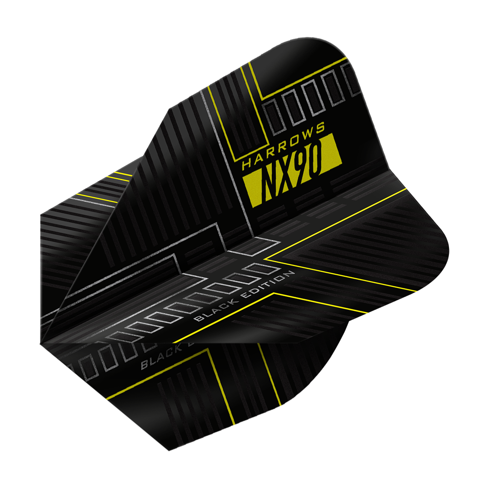 Vols Harrows NX90 Black Edition No6 Das Bild zeigt das Produkt "Harrows NX90 Black-Edition No6 Flights". Das Flight ist überwiegend schwarz mit gelben und grauen Akzenten und moderner Grafik.