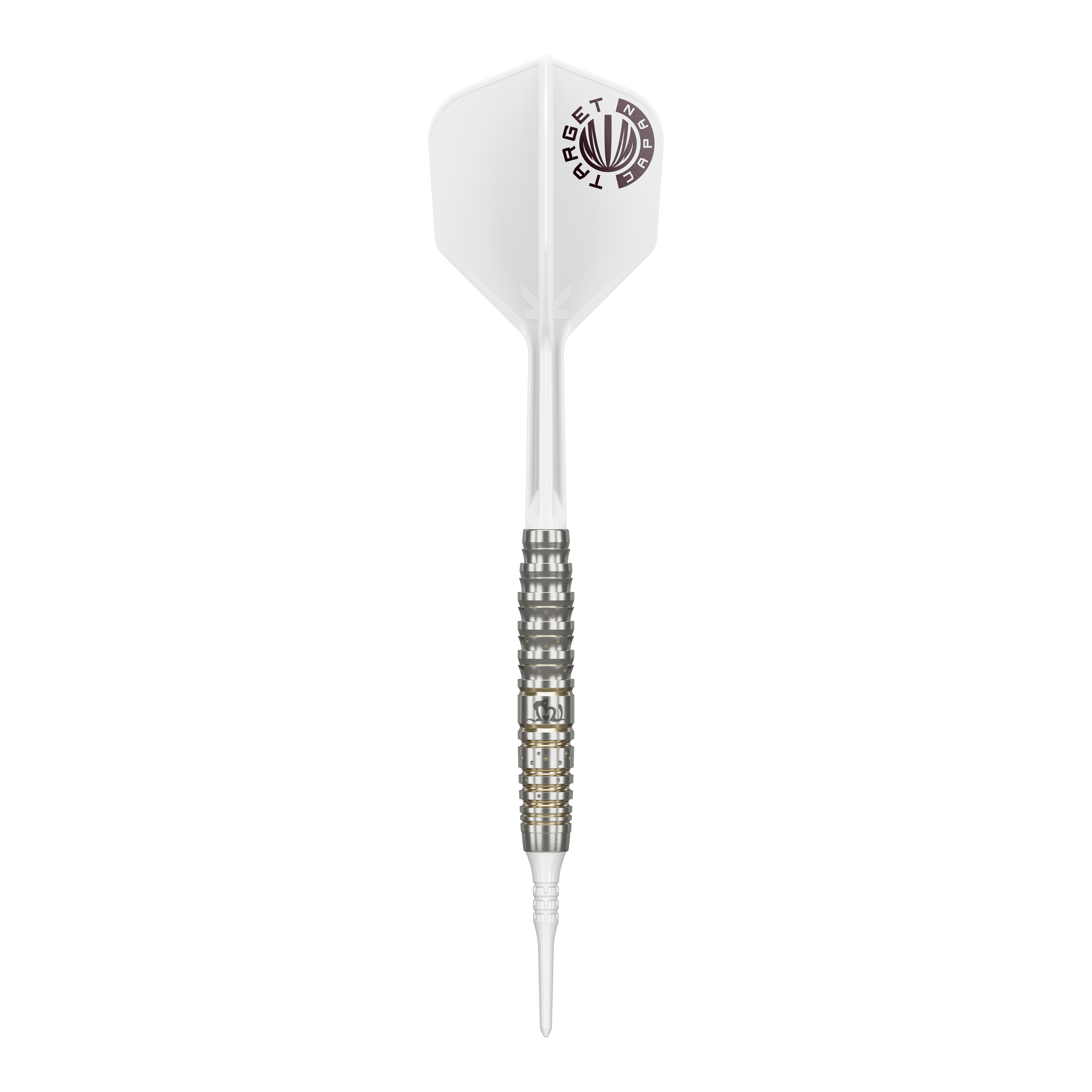 Das Bild zeigt einen Softdart der Serie "Target Japan Prime Series Mayujo Morita GEN6" mit einem Gewicht von 18g. Der Dart hat eine weiße Flight mit Logo und einen silberfarbenen, fein gerillten Barrel.