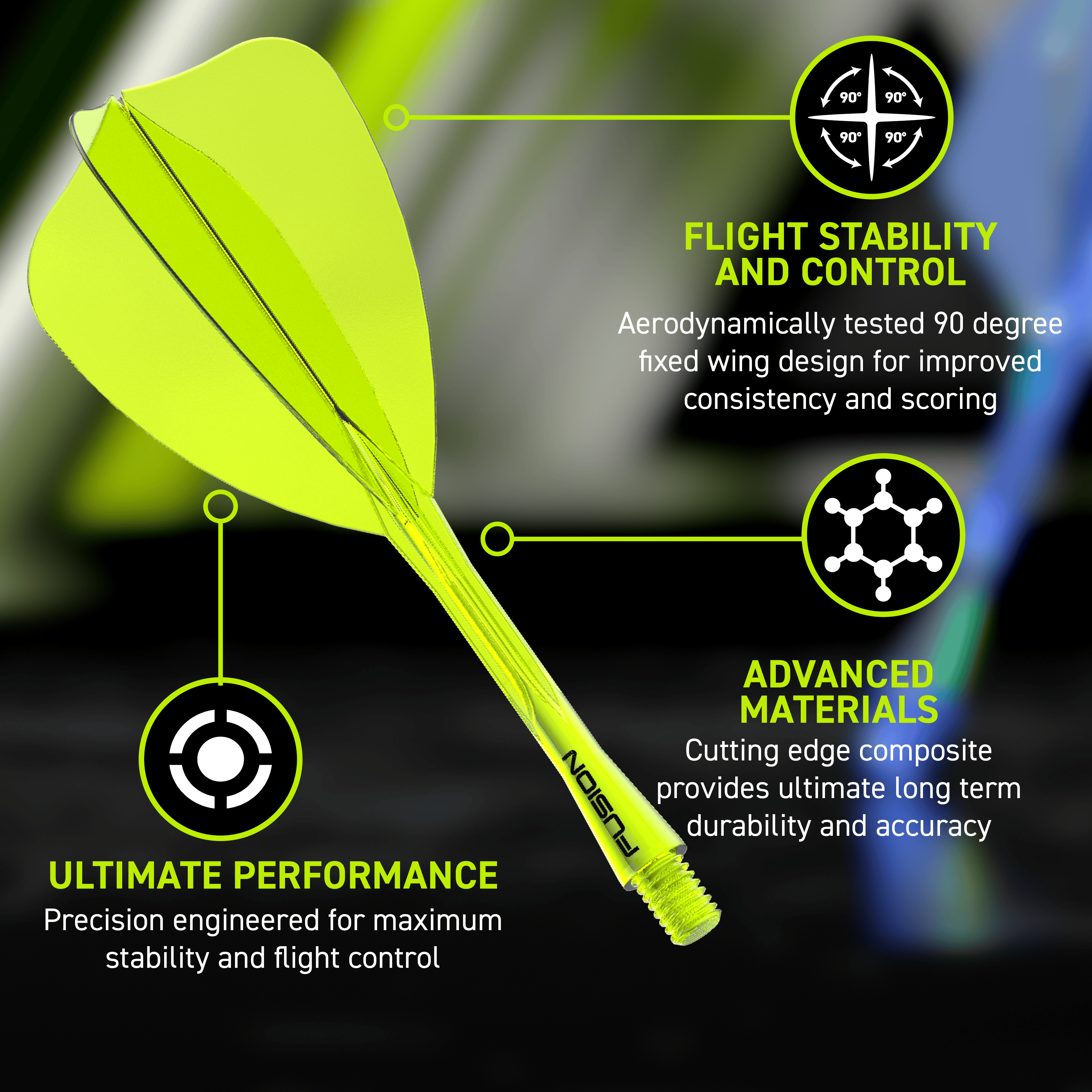 Système de vol Winmau Fusion Arrow Jaune fluo Das Bild zeigt das Winmau Fusion Flight-Shaft-System Arrow Neon Yellow. Es handelt sich um einen neon-gelben Flight-Shaft für Darts.