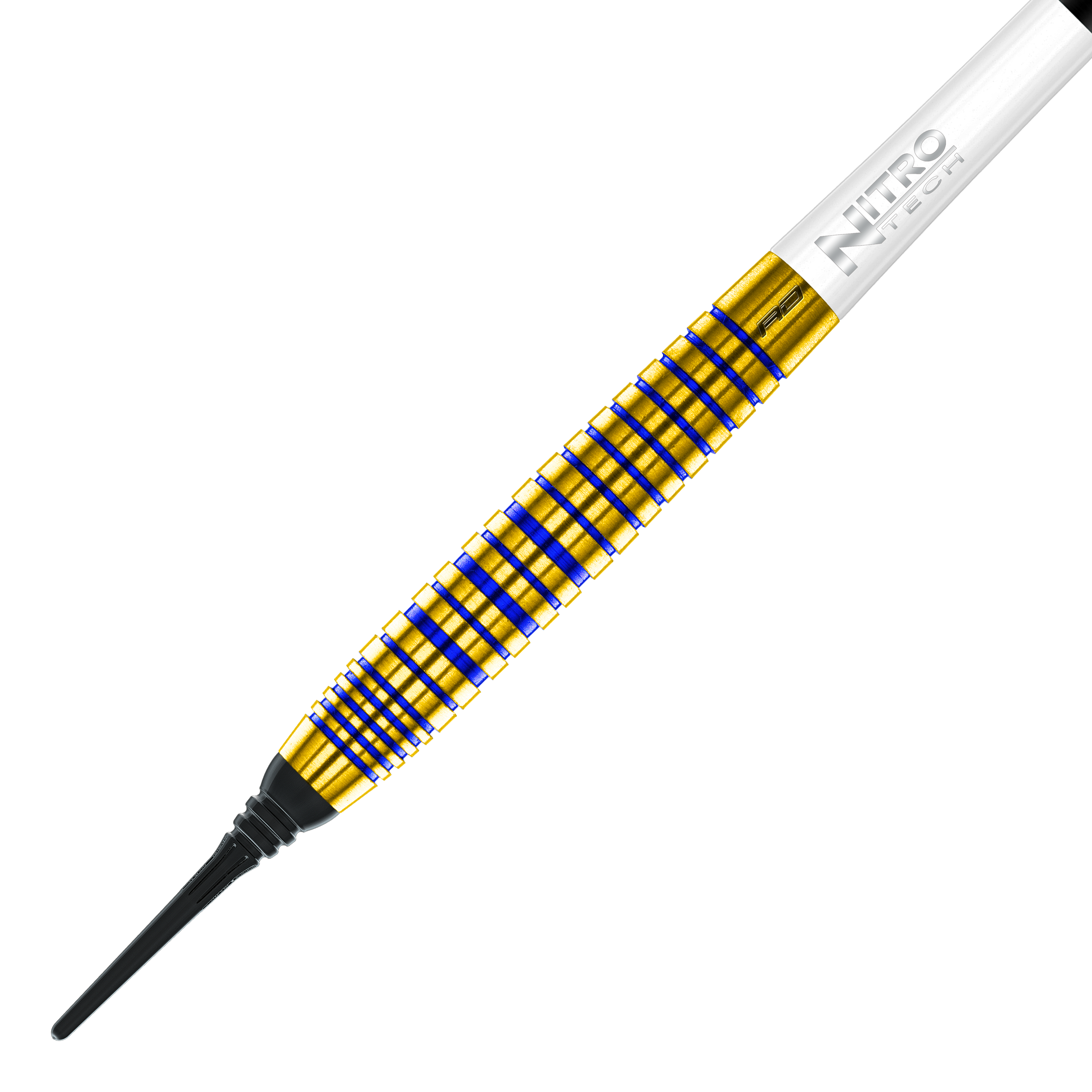 Fléchettes souples Red Dragon Luke Humphries TX3 Gold SE - 20 g Das Bild zeigt einen Softdart aus der Serie „Red Dragon Luke Humphries TX3 Gold SE“ mit einem Gewicht von 20 Gramm. Der Dart hat einen goldenen Schaft mit blauen Rillen und einer weißen „Nitro Tech“-Schraube.