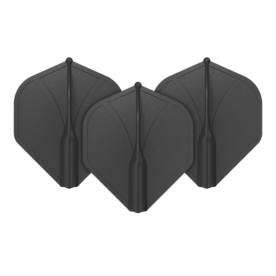 Profil aérodynamique moulé n°2 Vols standard Auf dem Bild sind drei schwarze Dart-Flights zu sehen. Sie stehen aufrecht nebeneinander und haben eine standardmäßige, geformte Flügelform.