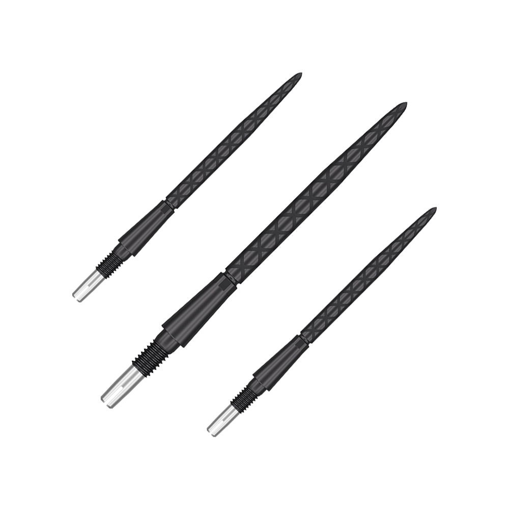 Pointes de fléchettes Target Swiss Storm Diamond Point - Noires Auf dem Bild sind drei schwarze Dartspitzen mit Rautenmuster zu sehen. Sie sind parallel nebeneinander angeordnet.