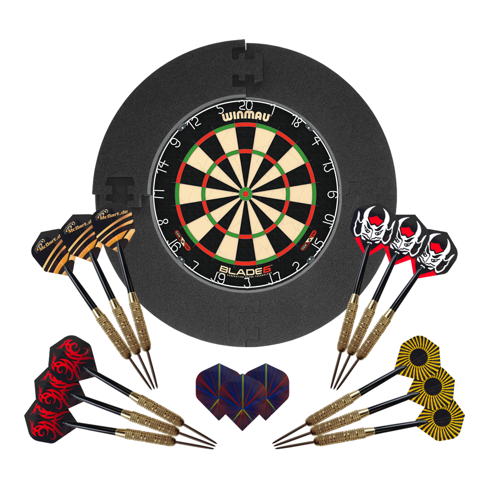 Pack Winmau Blade 6 avec 12 fléchettes en acier McDart et anneau de récupération Hier ist das Winmau Blade 6 Bundle mit 12 McDart Steeldarts und schwarzem Catchring zu sehen. Das Set eignet sich für Dartsport-Fans.
