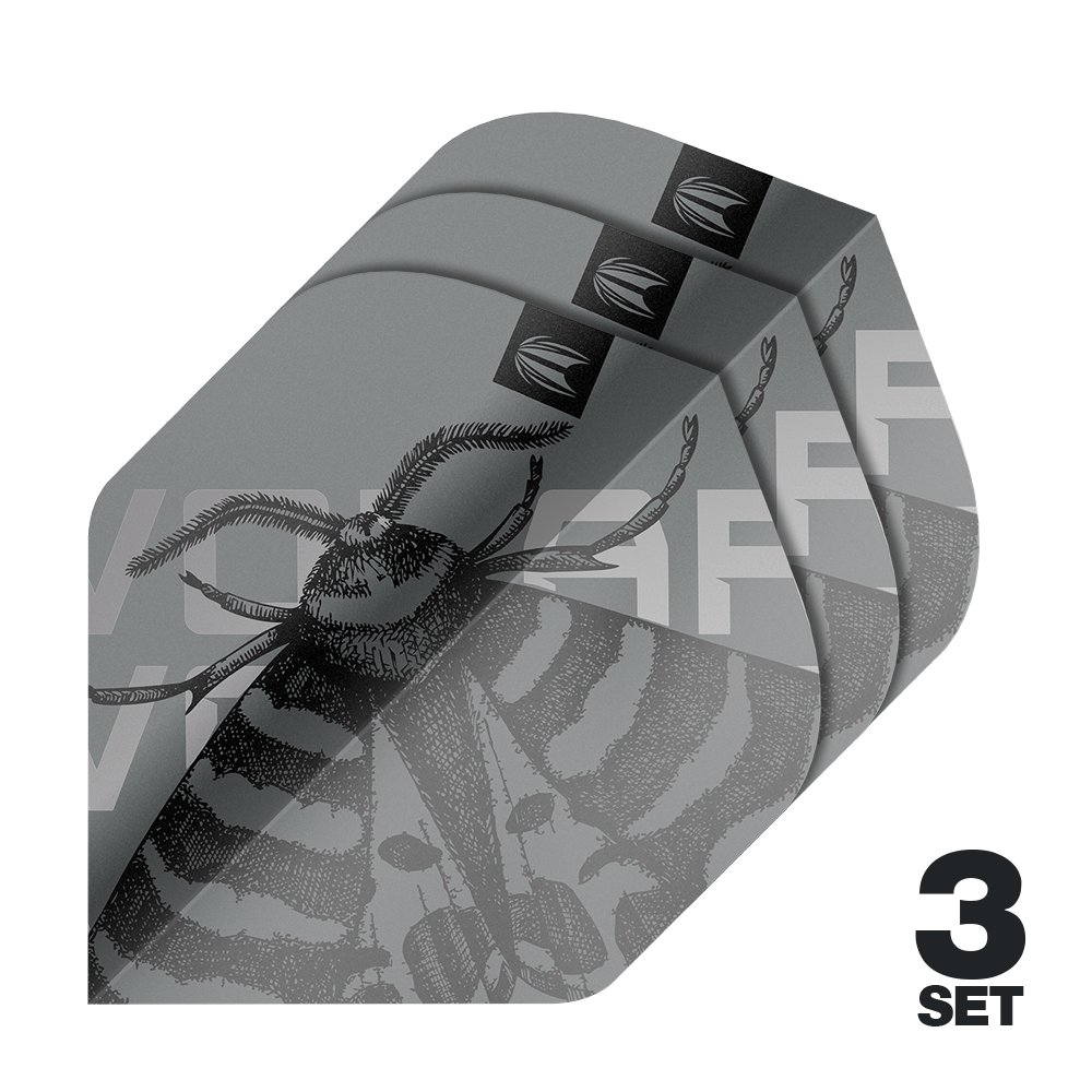 Ailettes Target Pro Ultra Volar n°2 Standard - 3 jeux Das Bild zeigt drei Sätze der Target Pro Ultra Volar No2 Standard Flights. Das Design ist grau mit einem detaillierten Insektenmotiv und der Aufschrift "3 SET".