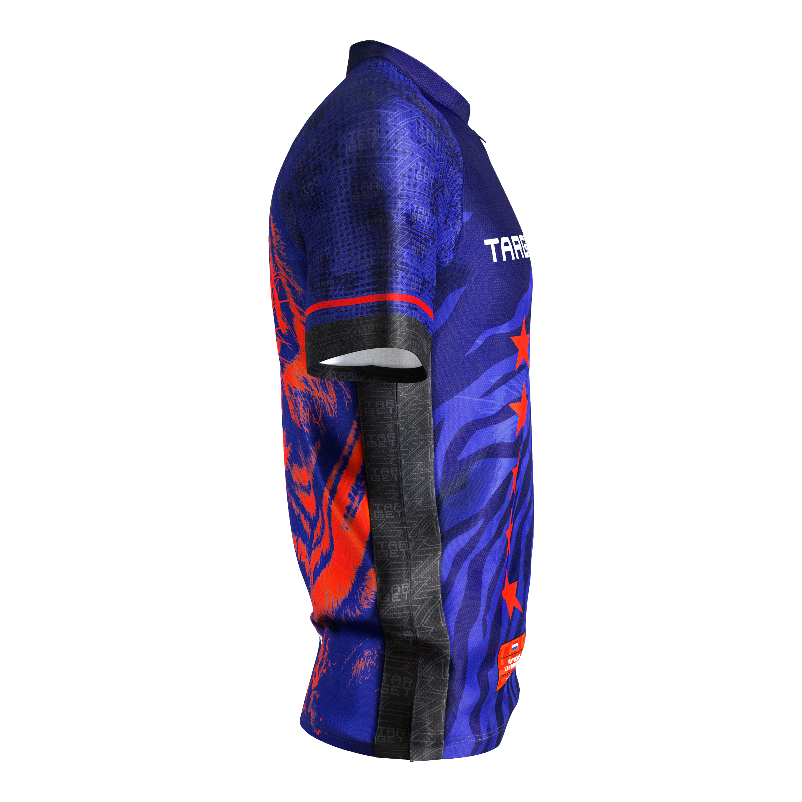 Chemise de fléchettes Target Coolplay Raymond Van Barneveld 2025 Das Bild zeigt das "Target Coolplay Raymond Van Barneveld 2025 Dartshirt". Das Shirt ist überwiegend blau mit roten und schwarzen Akzenten sowie auffälligen Grafiken.