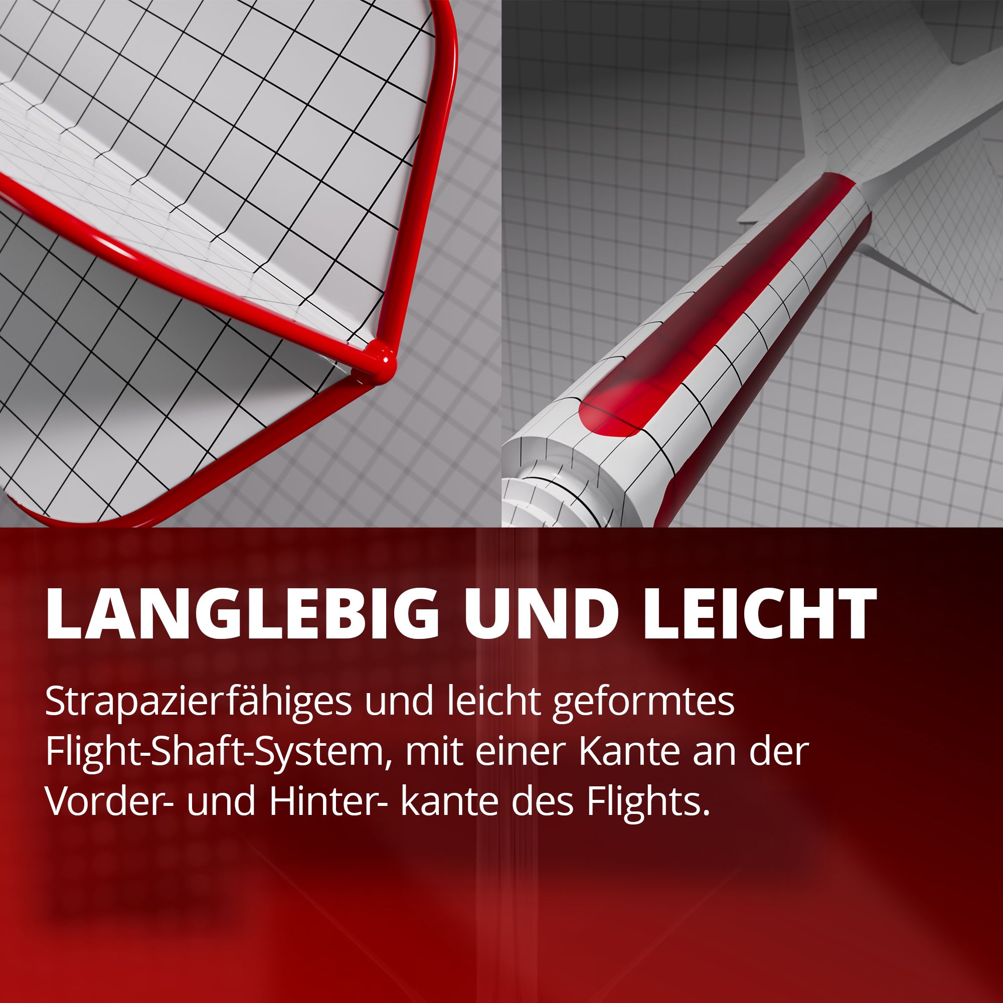 Système de tige de vol standard Target K-Flex Josh Rock n° 2 Das Bild zeigt ein langlebiges und leichtes Flight-Shaft-System mit rotem Rand und Gittermuster. Es betont die strapazierfähige und leichte Bauweise mit speziellen Kanten am vorderen und hinteren Bereich des Flights.