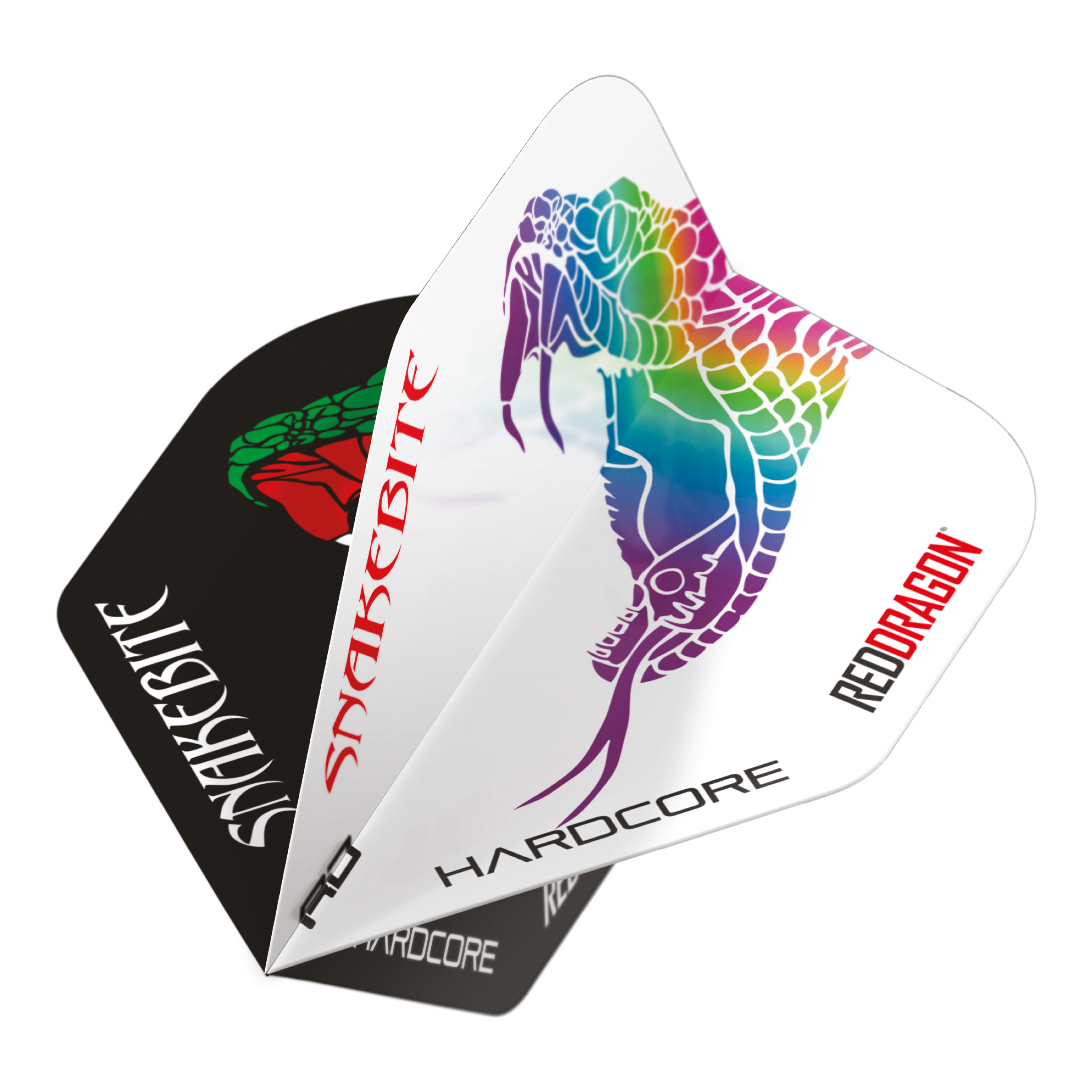 Dragon Rouge Peter Wright Morsure de Serpent Noir Blanc Yin Yang Vols Standards Das Bild zeigt die Red Dragon Peter Wright Snakebite Black White Yin Yang Standard Flights für Darts. Auf den Flights sind bunte Schlangenmotive und die Schriftzüge "Snakebite" und "Red Dragon" zu sehen.