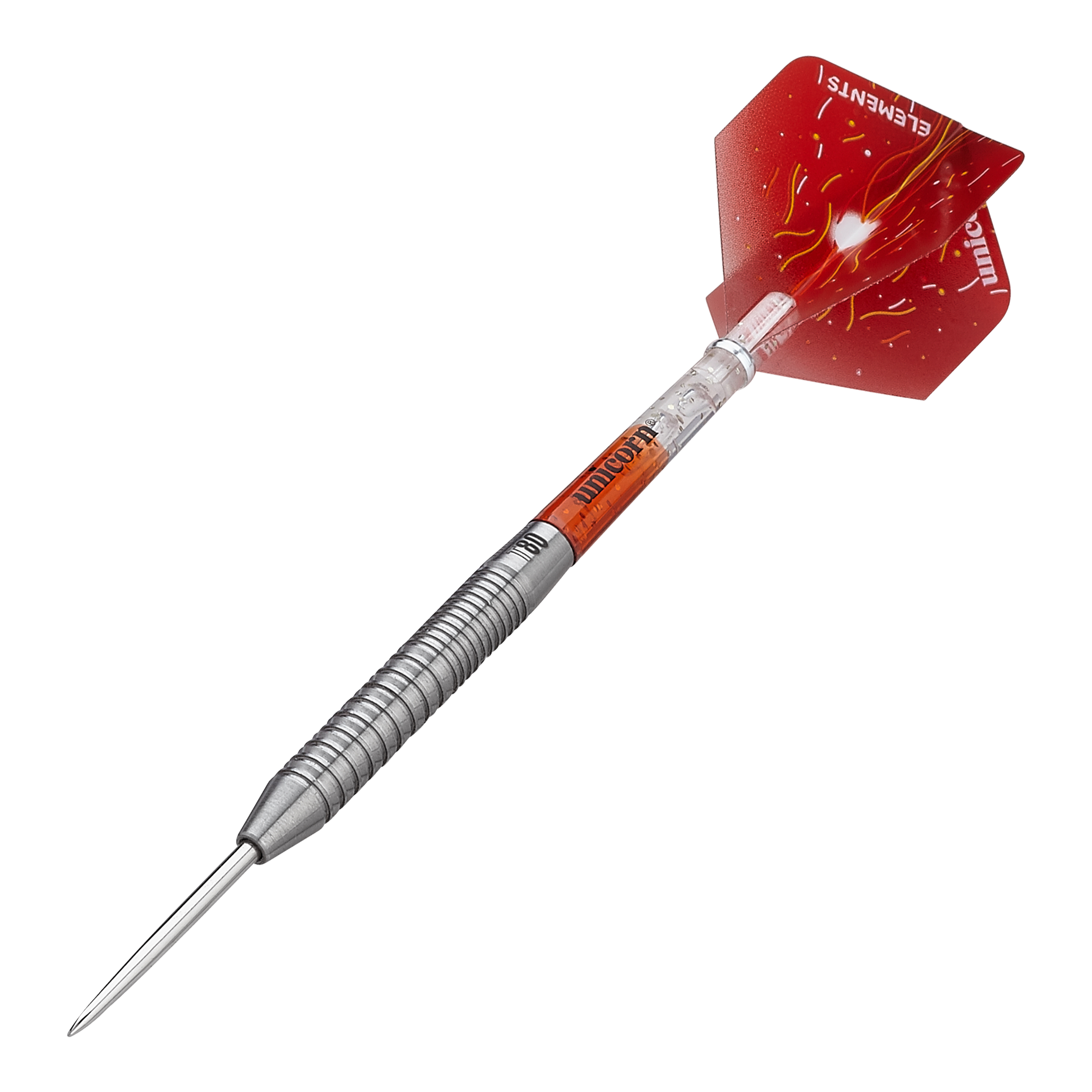 Fléchettes en acier Unicorn Core XL Striker Style 1 - 22 g Das Bild zeigt einen Unicorn Core XL Striker Style 1 Steeldart mit 22g Gewicht. Der Dart hat einen silbernen, geriffelten Schaft und rote Flights mit einem Feuerdesign.