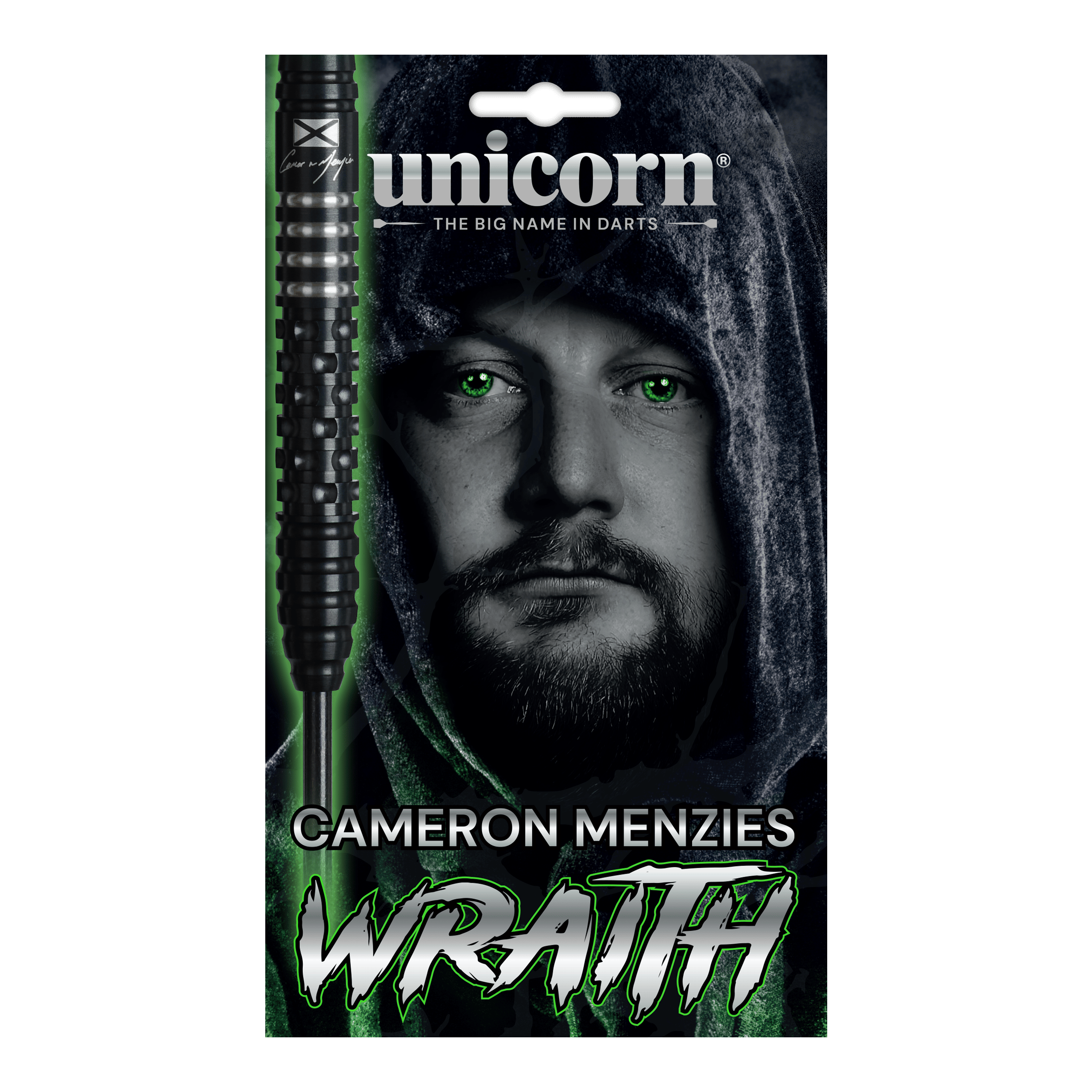 Fléchettes en acier Unicorn Wraith Cameron Menzies - 23 g Das Bild zeigt die Unicorn Wraith Cameron Menzies Steeldarts mit 23 Gramm Gewicht. Sie eignen sich für den Einsatz im Steeldartbereich.