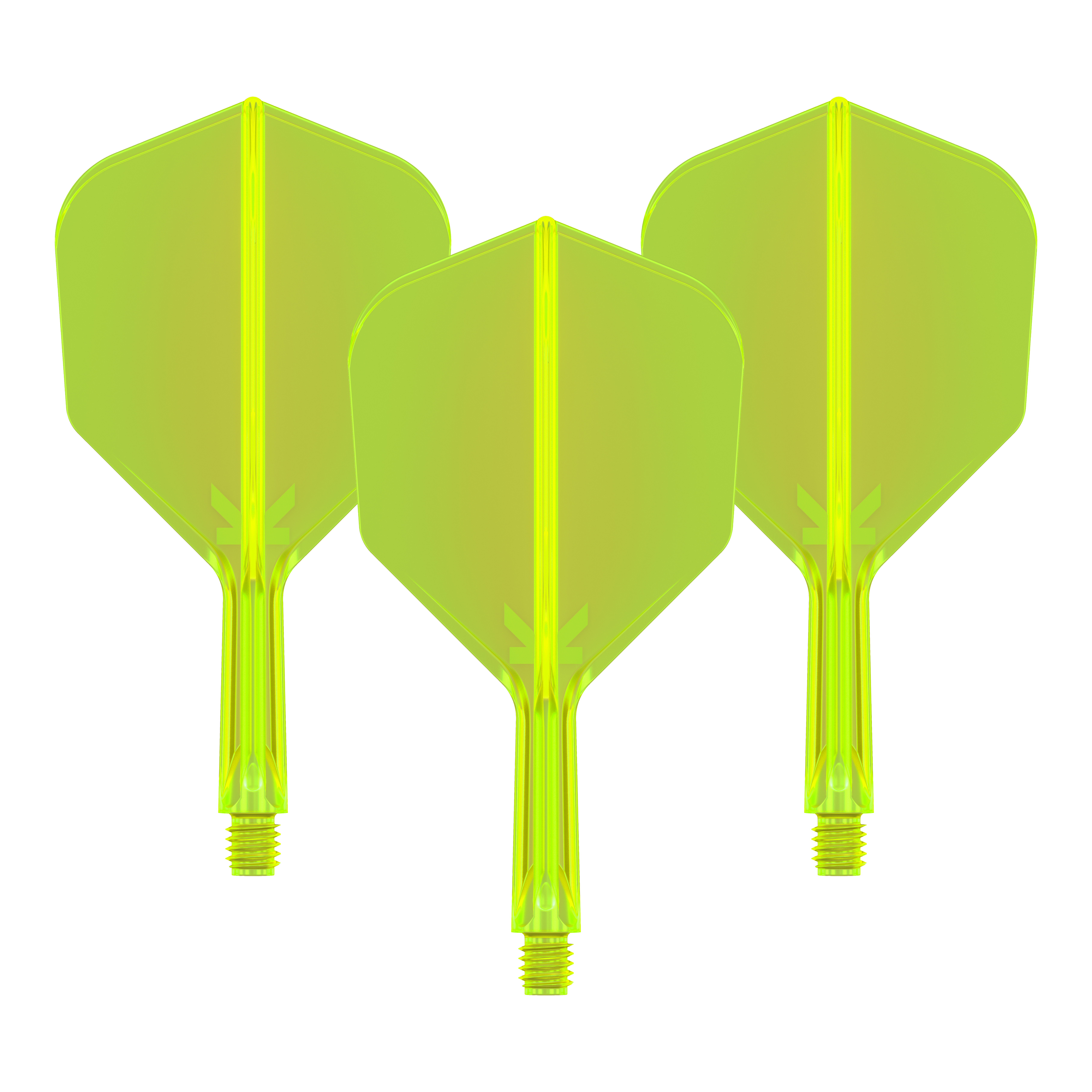 Système de vol Target K-Flex No6 - Jaune fluo Das Bild zeigt drei neongelbe Dartflights mit integrierten Schäften. Sie sind nebeneinander angeordnet und auf schwarzem Hintergrund zu sehen.