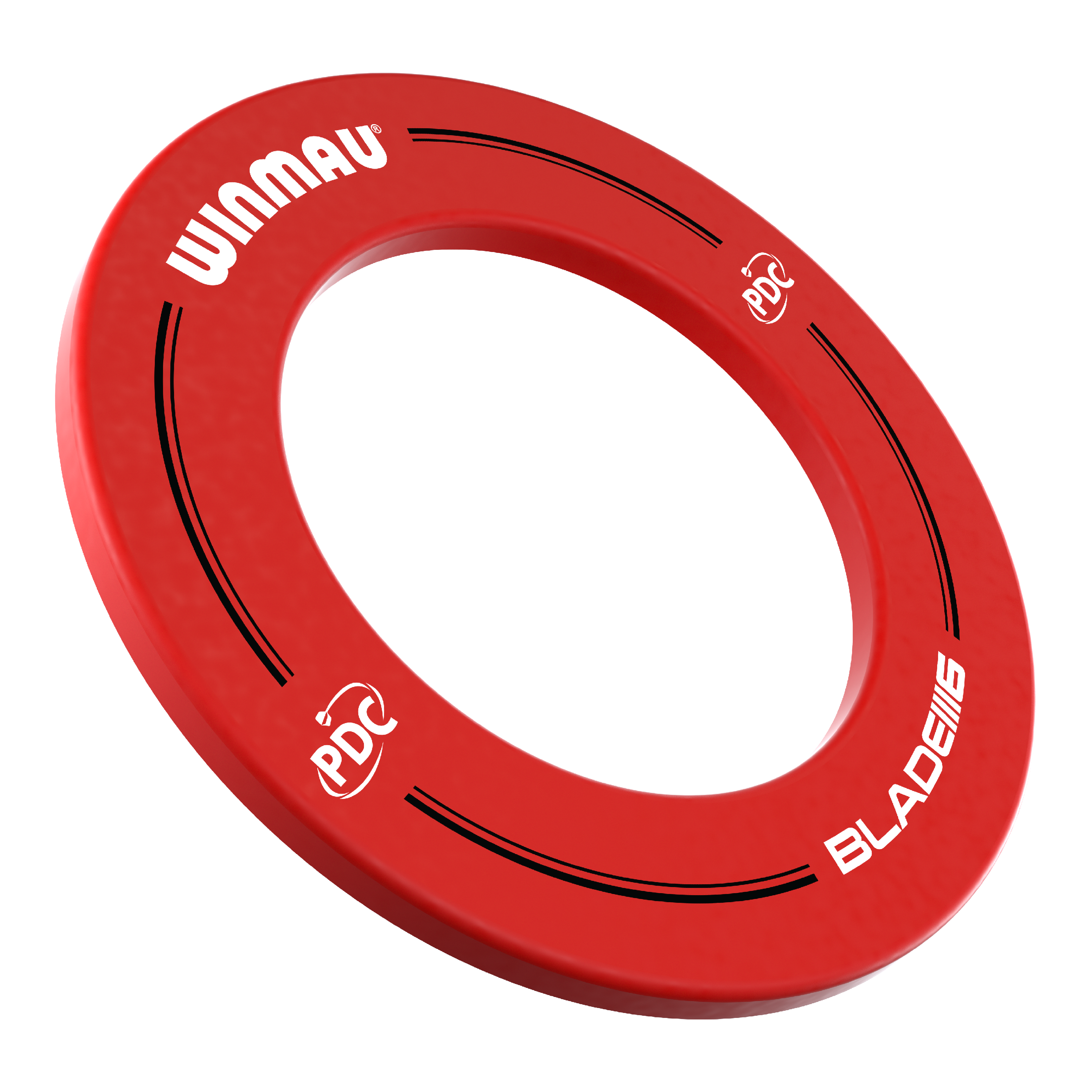 Cadre de fléchettes Winmau PDC - Rouge Das Bild zeigt einen roten Dartboard-Surround der Marke Winmau mit der Aufschrift „PDC“ und „BLADE 6“. Er wird verwendet, um die Wand rund um ein Dartboard vor Beschädigungen zu schützen.