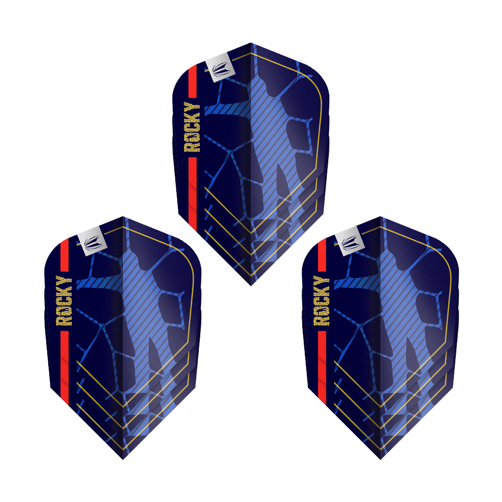 Ailettes Target Pro Ultra Josh Rock GEN1 Ten-X - 3 jeux Das Bild zeigt drei Sets der "Target Pro Ultra Josh Rock GEN1 Ten-X Flights". Die Flights sind dunkelblau mit gelben und roten Akzenten und dem Schriftzug "ROCKY".