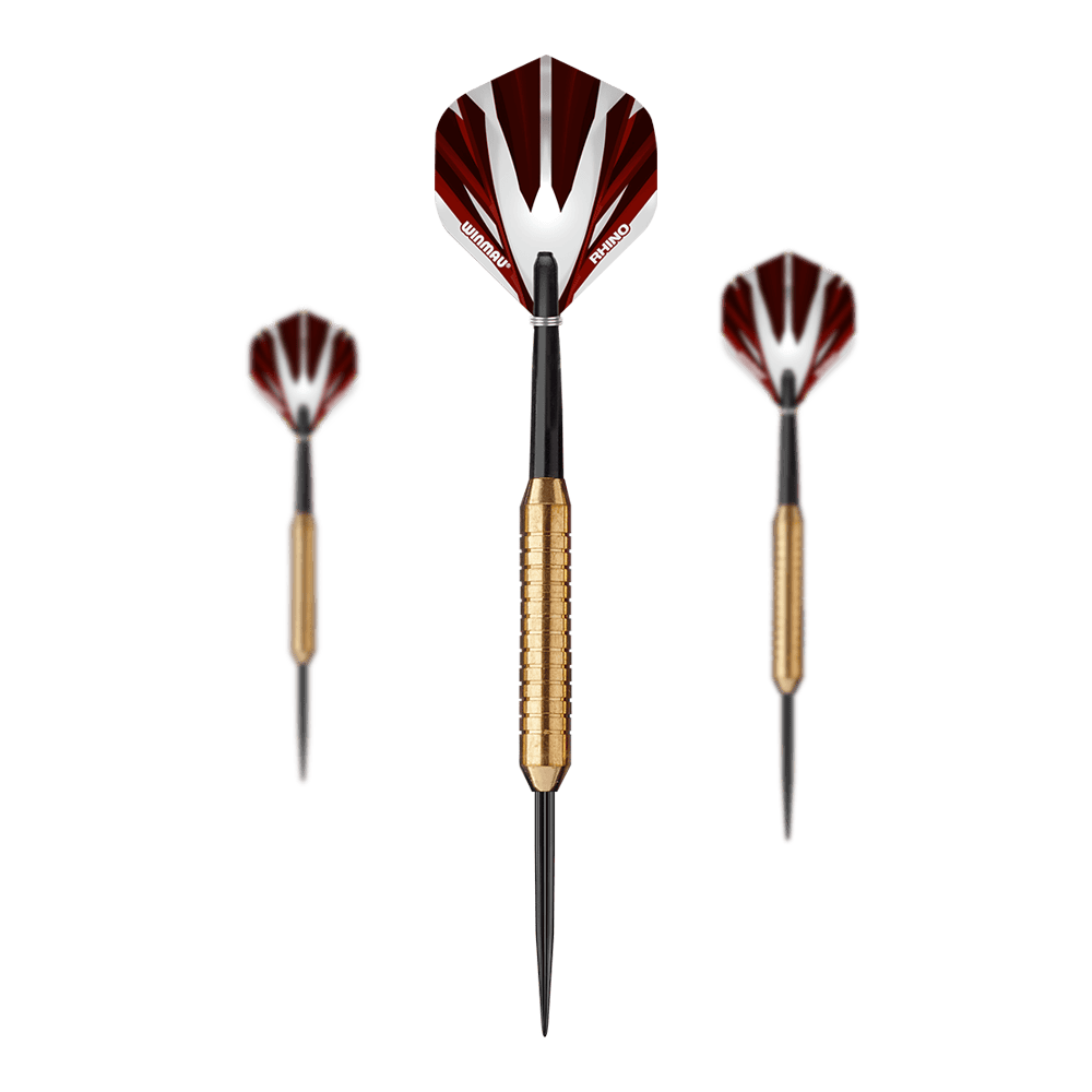 Fléchettes en acier Winmau Broadside en laiton - 22 g Das Bild zeigt drei Winmau Broadside Brass Steeldarts mit einem Gewicht von 22 Gramm. Die Darts haben goldfarbene Griffe und schwarz-rote Flights.