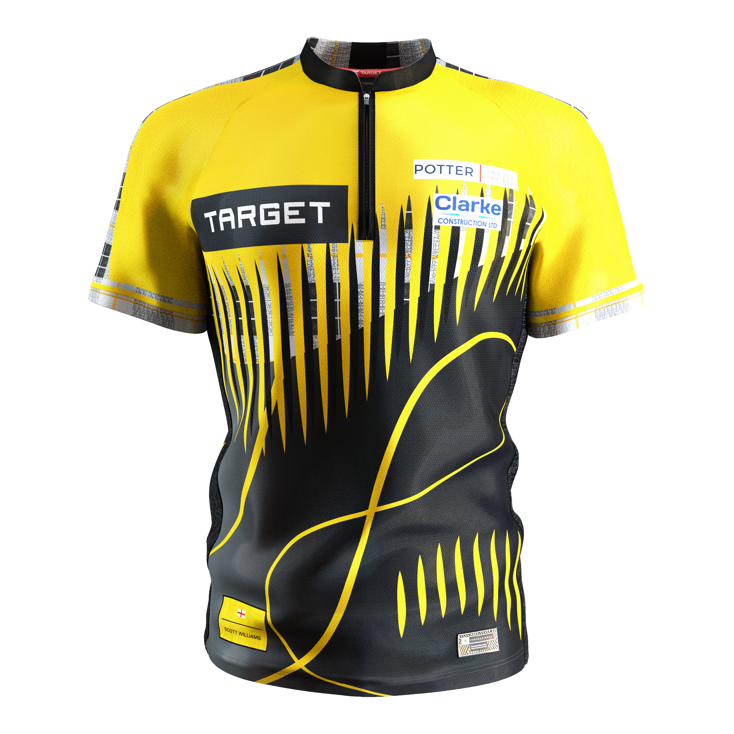 Maillot de fléchettes Target Coolplay Scott Williams 2025 Das Bild zeigt ein Dartshirt in den Farben Gelb und Schwarz mit auffälligem modernem Muster. Auf dem Shirt sind mehrere Sponsorenlogos, darunter "TARGET", zu sehen.
