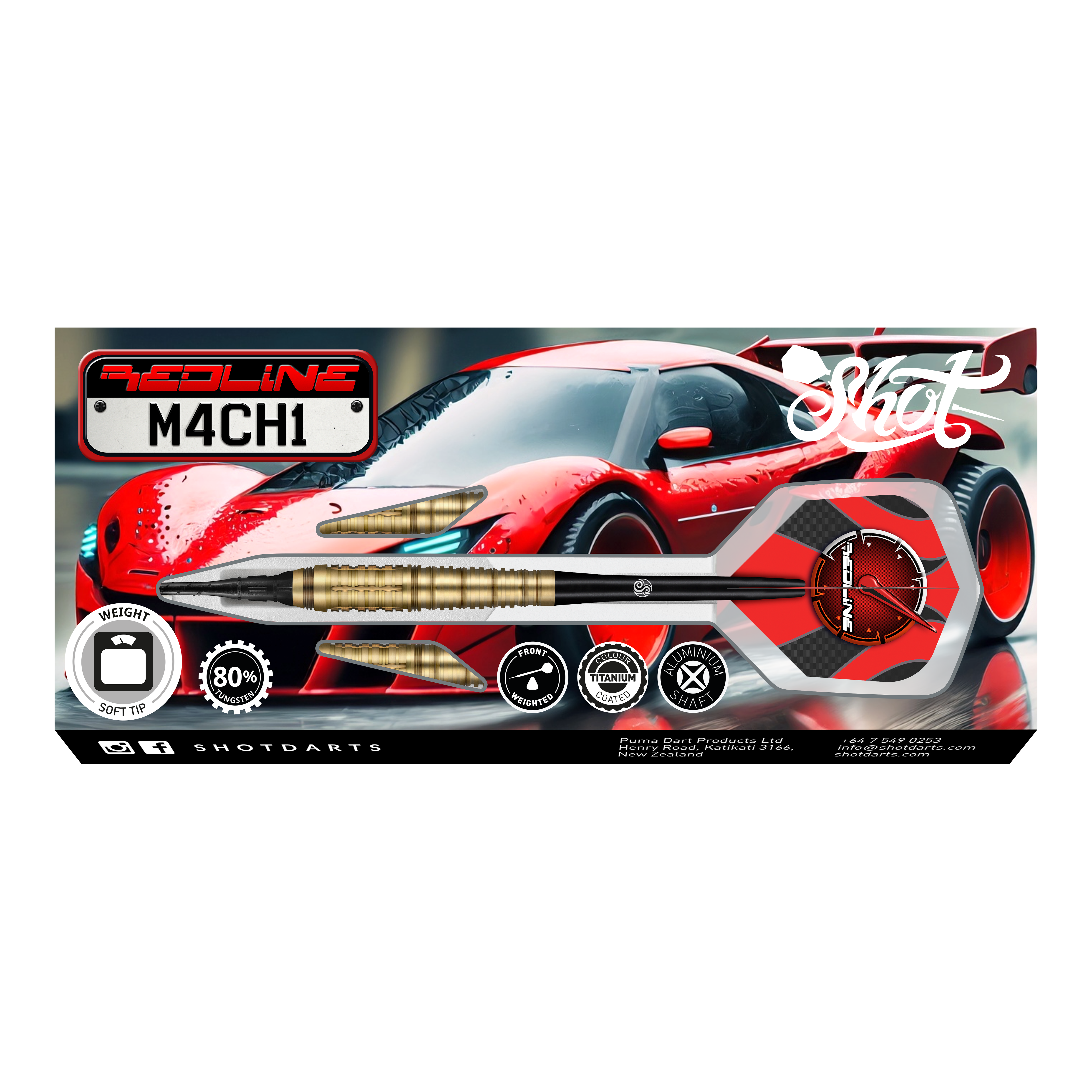 Fléchettes souples Shot Redline Mach 1 - 20 g Das Bild zeigt die Verpackung der "Shot Redline Mach 1 Softdarts - 20g". Auf der Packung ist ein roter Sportwagen zusammen mit einem abgebildeten Softdart-Pfeil zu sehen.