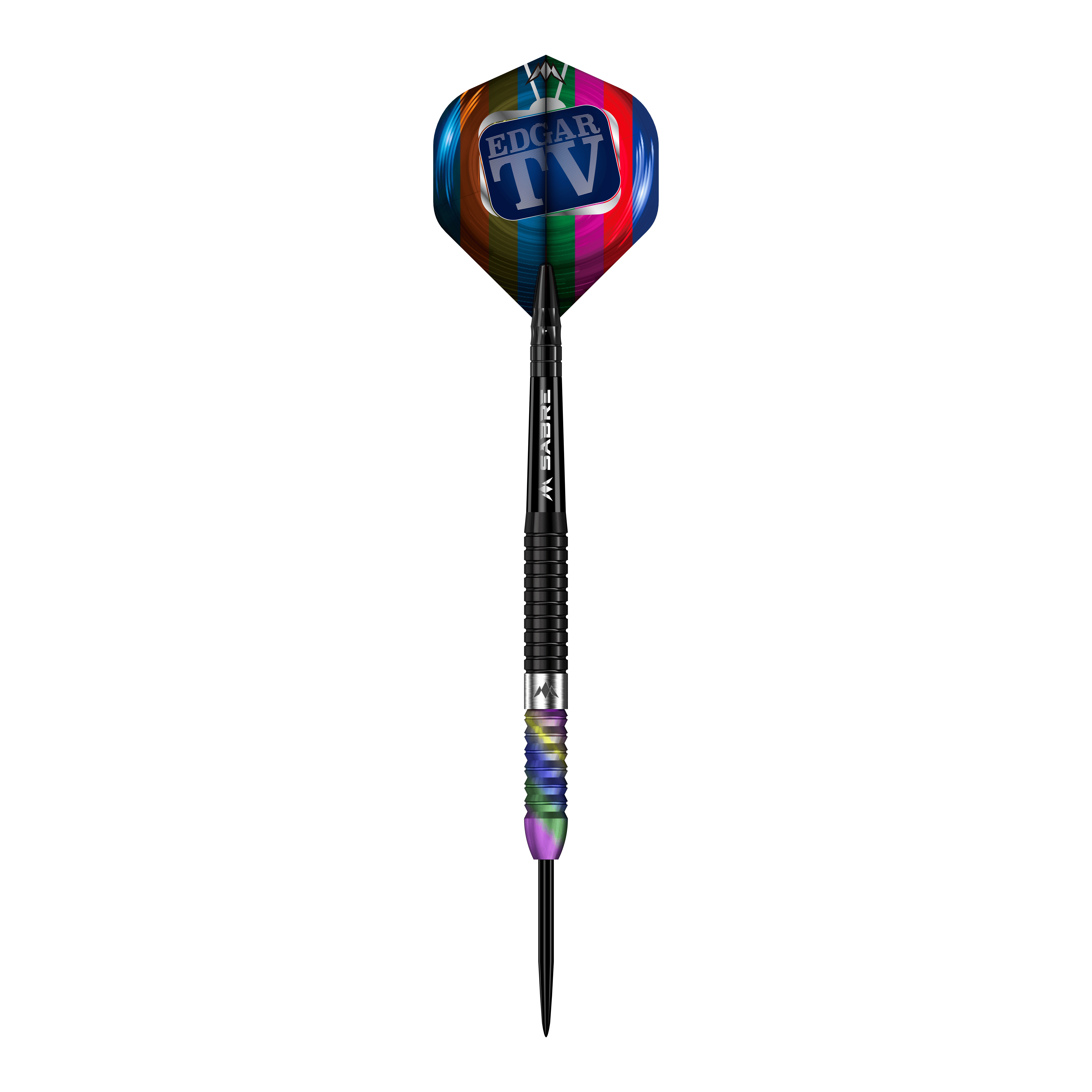 Mission Matt Edgar Steeldarts Das Bild zeigt einen Steeldart mit dem Namen "Mission Matt Edgar Steeldarts". Der Dart hat einen bunten Flight mit der Aufschrift "EDGAR TV" und ein schwarz-geriffeltes Barrel.