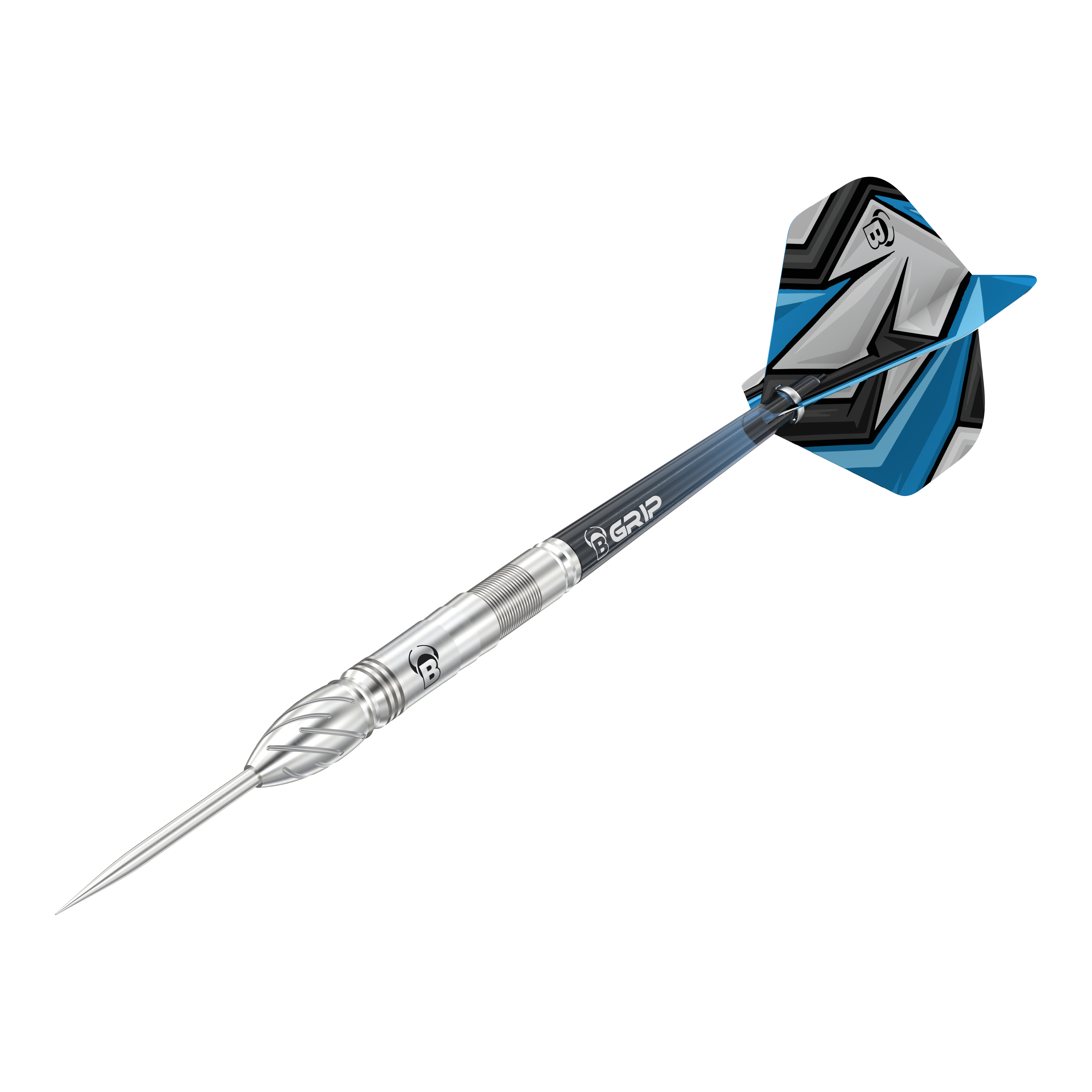 Fléchettes en acier Bulls Stone S1 Das Bild zeigt einen Bulls Stone S1 Steeldart. Der Dartpfeil hat eine silberne Spitze und einen Schaft mit blauen und schwarzen Akzenten am Flight.