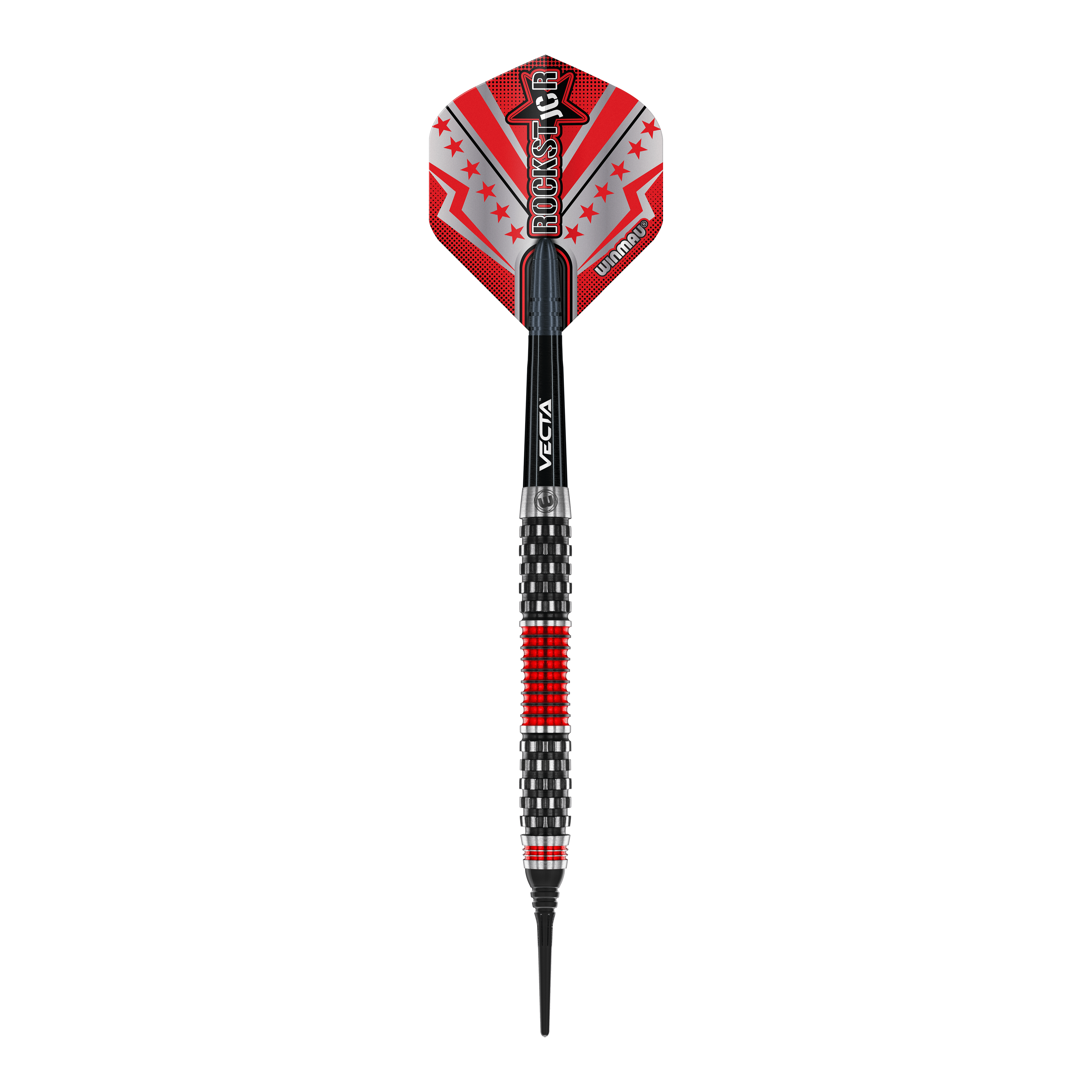 Fléchettes souples Winmau Joe Cullen Rockstar Series RS1 - 20 g Dieses Bild zeigt einen Winmau Joe Cullen Rockstar Series RS1 Softdart mit einem Gewicht von 20g. Der Dart ist schwarz und rot gestaltet und hat einen auffälligen Flights mit dem Aufdruck "Rockstar".