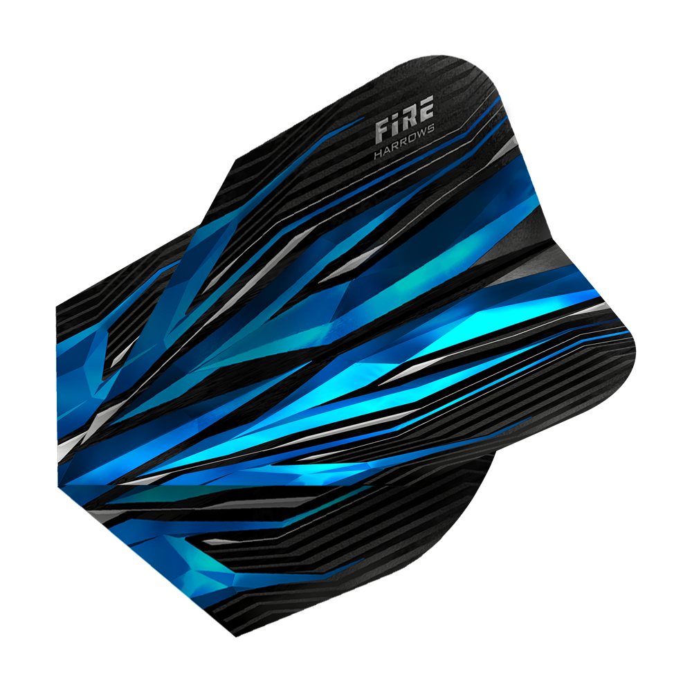 HR4_Harrows_Fire_Blue_Standard_Flights_2 Das Bild zeigt das Produkt „Harrows Fire Blue Standard Flights“. Die Dartflights haben ein auffälliges, blau-schwarzes Design mit dynamischen Linien.