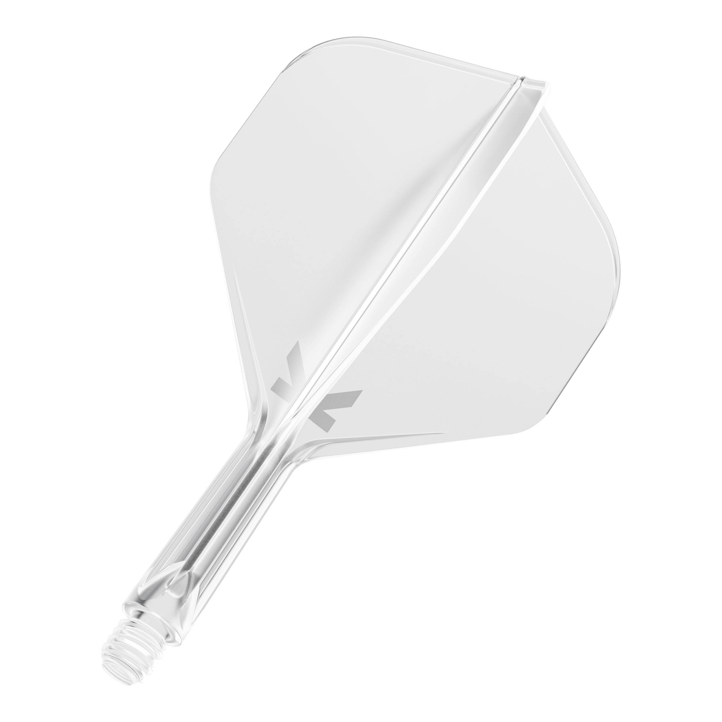 Système de vol standard Target K-Flex No2 - Transparent Das Bild zeigt einen durchsichtigen Dartflug mit integriertem Schaft. Das Design ist schlicht und klar, mit einem kleinen grauen Logo am Schaftansatz.