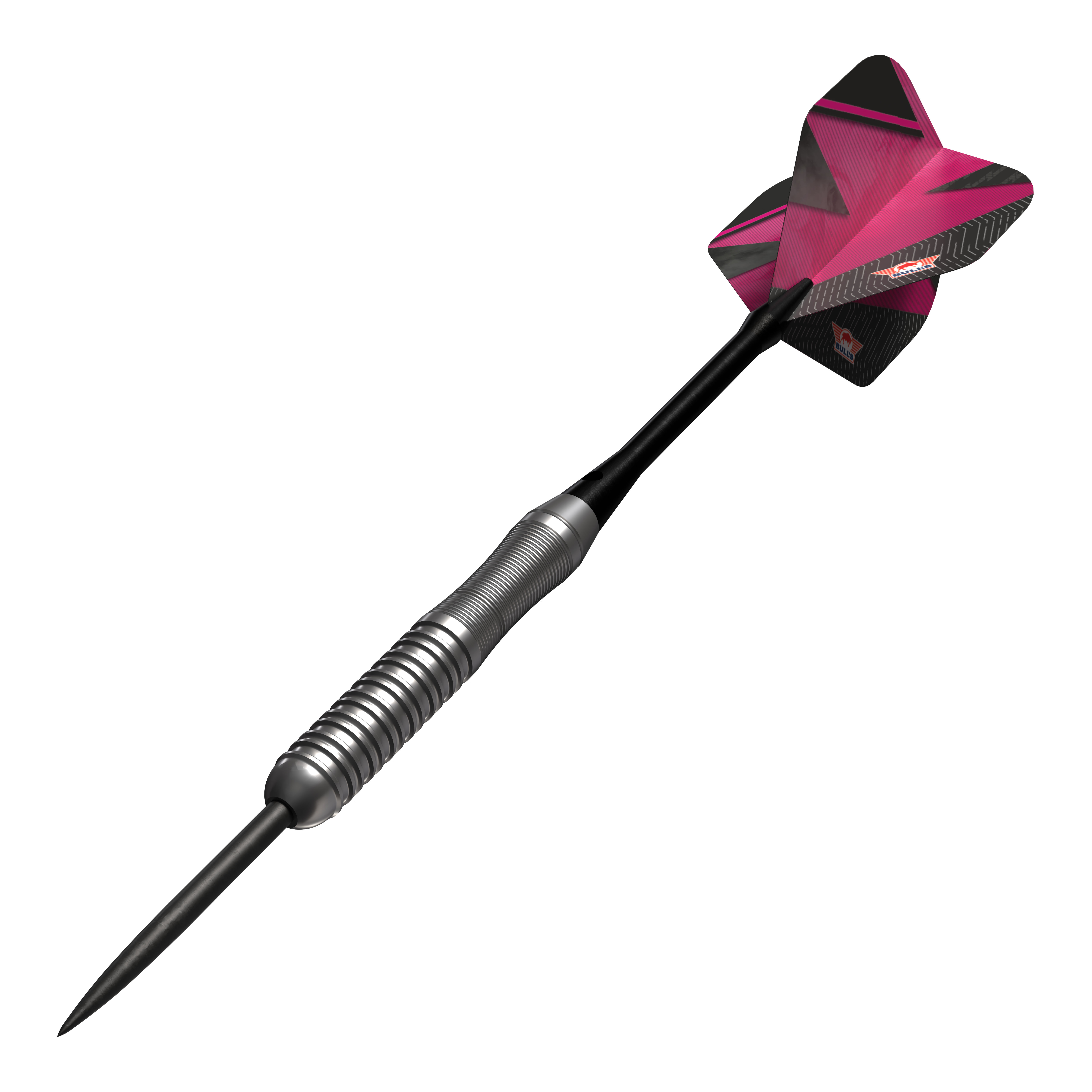 Fléchettes en acier Bulls NL Lightning Pink Das Bild zeigt einen Steeldartpfeil mit silbernem Griff und einer pink-schwarzen Flights. Es handelt sich um das Produkt "Bulls NL Lightning Pink Steeldarts".