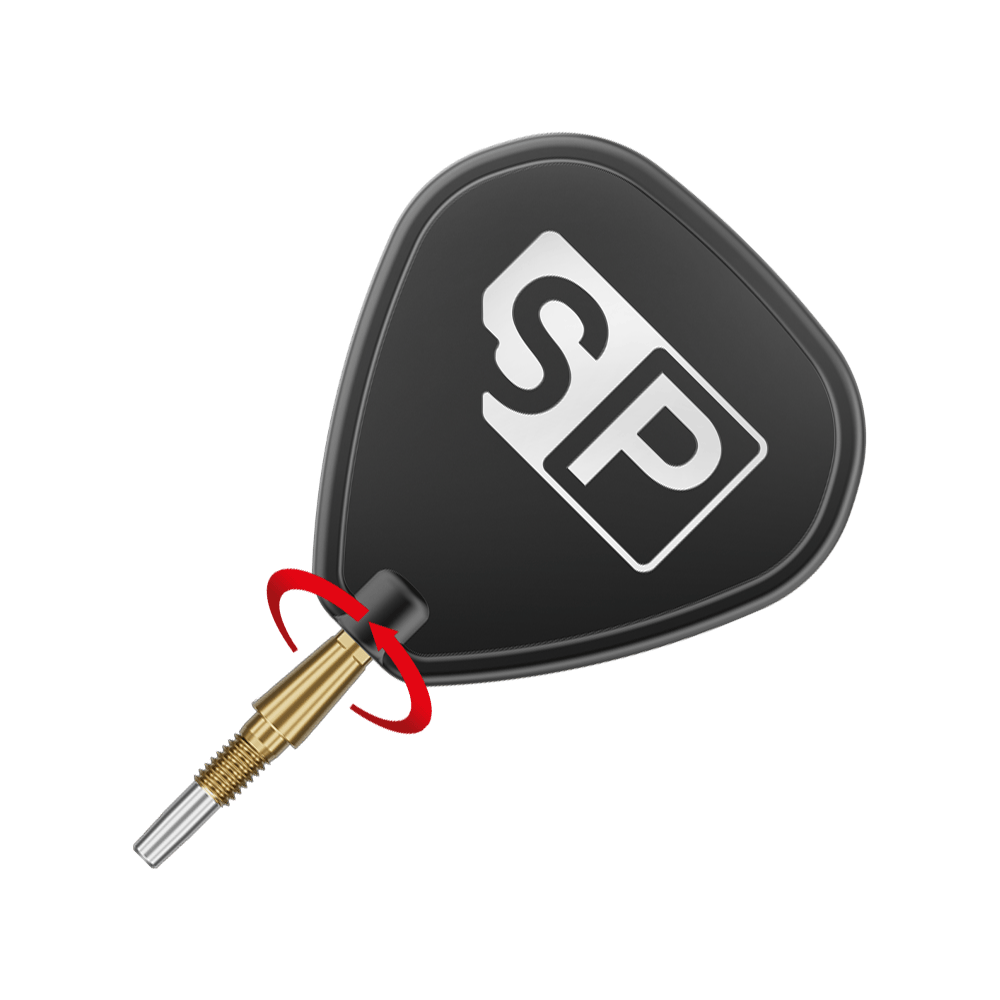 Auf dem Bild ist eine goldene Dartspitze mit einem schwarzen Flight zu sehen, auf dem die Buchstaben "SP" abgebildet sind. Um die Spitze ist ein roter Pfeil, der eine Drehbewegung anzeigt.