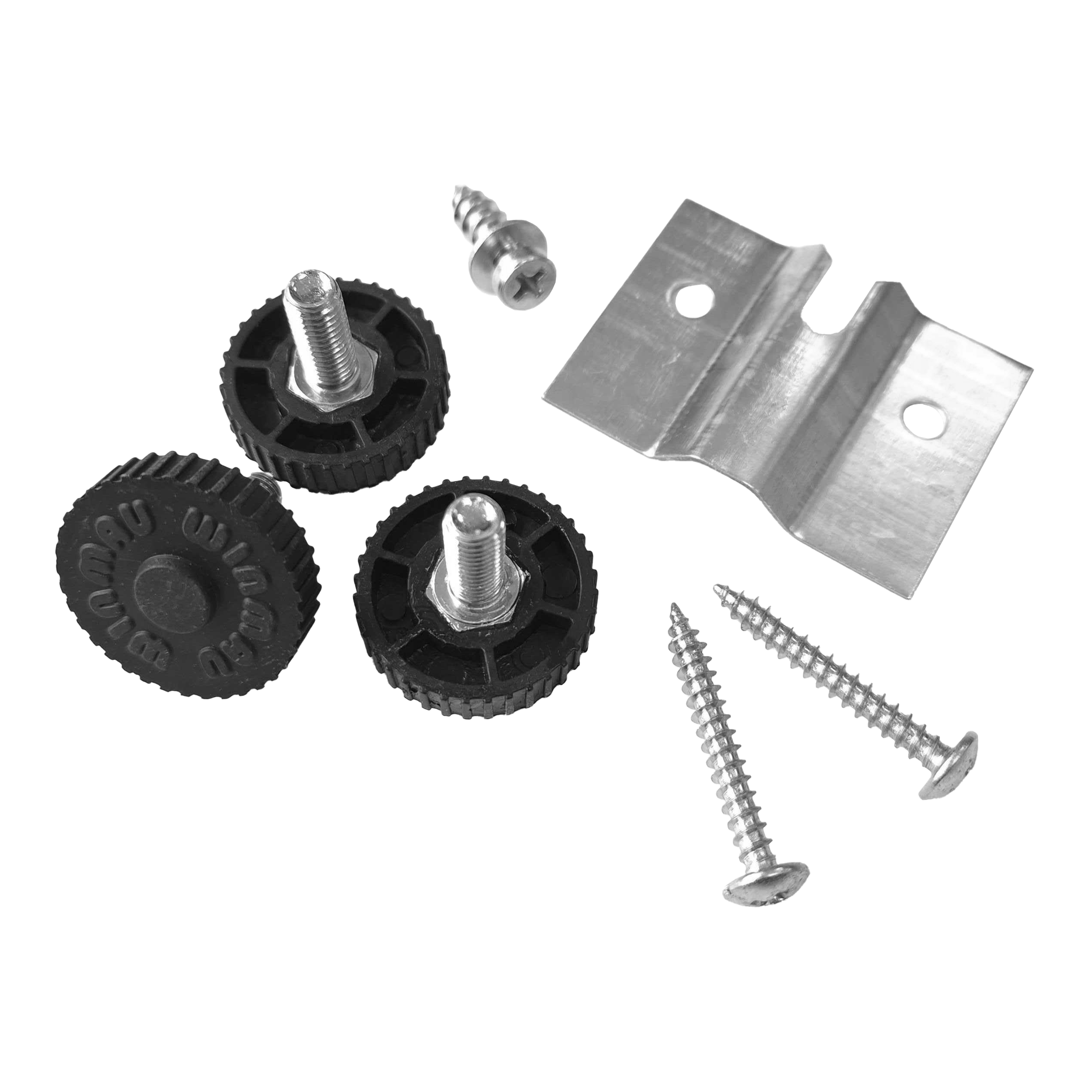 Support mural Winmau Rota-Lock Blade 6 Das Bild zeigt den Winmau Rota-Lock Blade 6 Wandhalterungssatz mit Schrauben, Metallhalterung und schwarzen Befestigungsrädern. Dieses Set wird zur sicheren Wandbefestigung eines Dartboards verwendet.