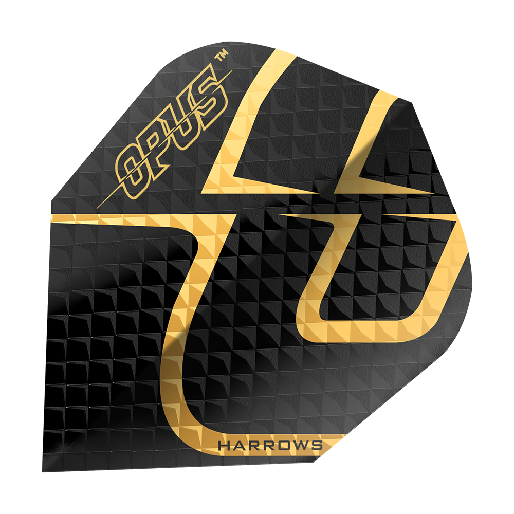 Vols de Harrow's Opus Version 2 Das Bild zeigt das Produkt "Harrows Opus Version 2 Flights". Die Darts-Flight ist schwarz mit einem goldenen Muster und dem Schriftzug "OPUS" und "HARROWS".