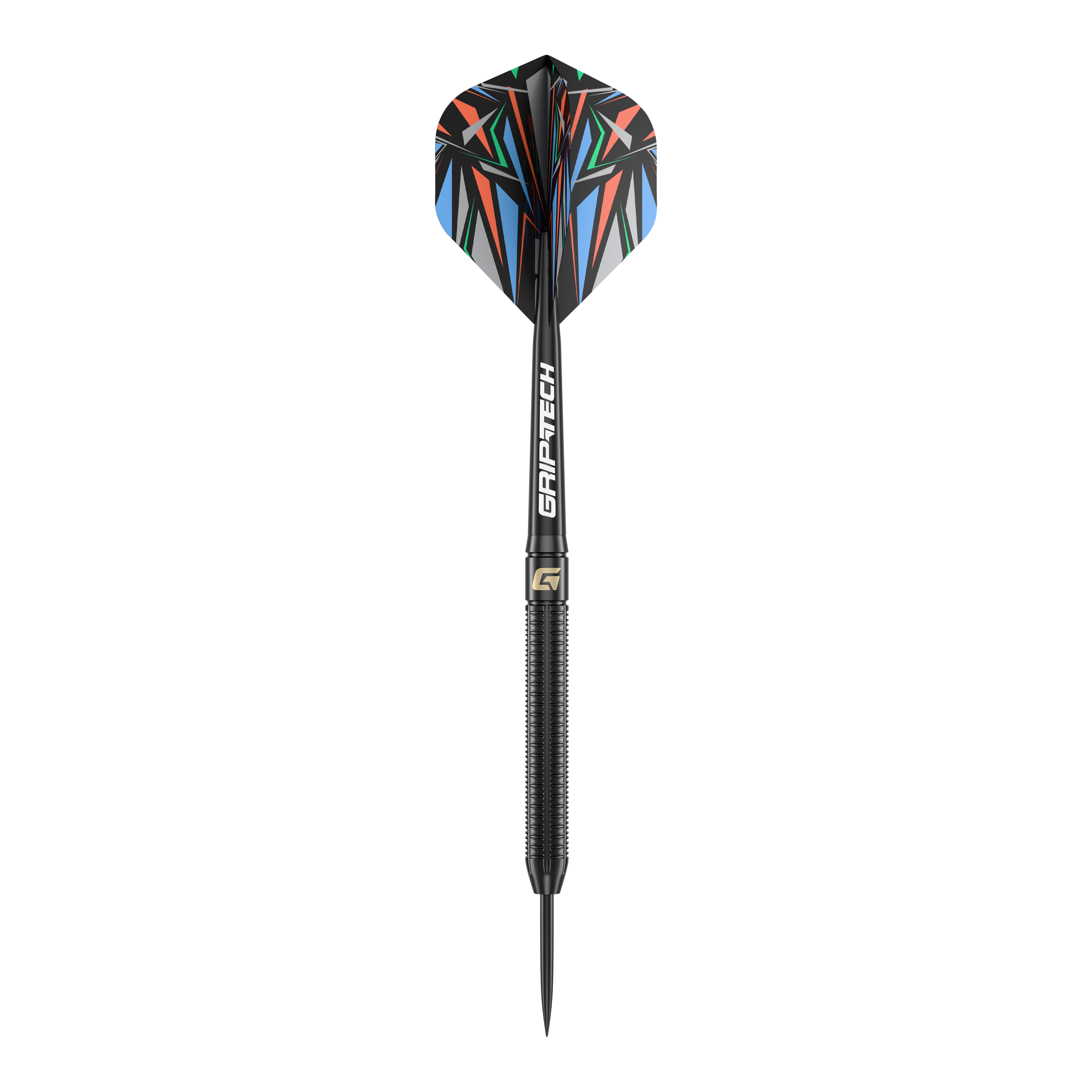 Fléchettes en acier GOAT Athlete en laiton noir - 13 g Das Bild zeigt einen GOAT Athlete Black Brass Steeldart mit einem Gewicht von 13g. Der Dart hat eine schwarze, gerändelte Spitze und bunte Flights mit geometrischem Muster.