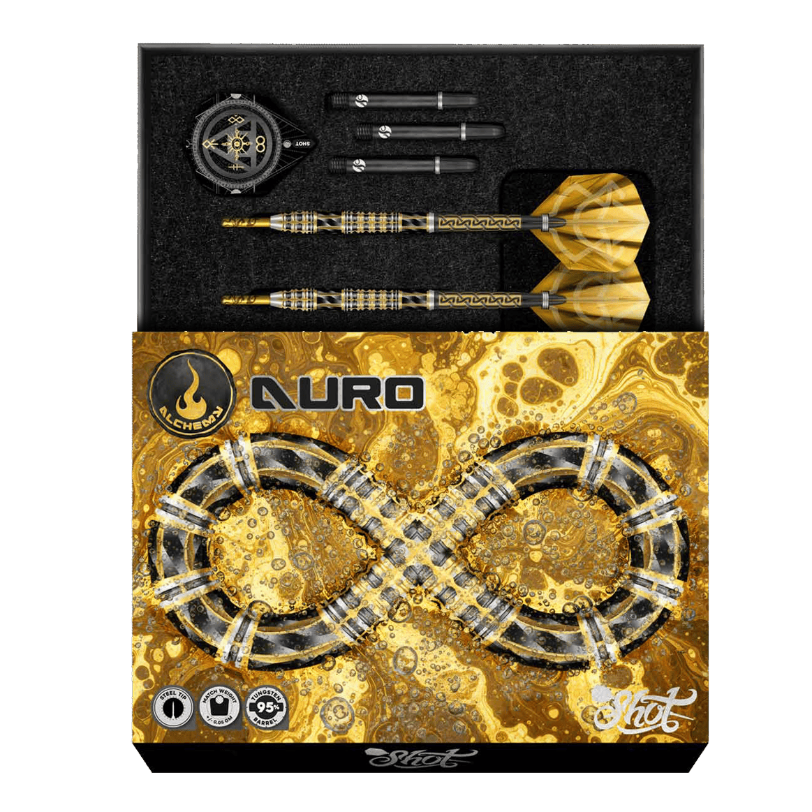 Shot Alchimie Auro Steeldarts Hier sieht man die Shot Alchemy Auro Steeldarts. Die Steeldarts werden detailliert und aus einer besonderen Perspektive dargestellt.