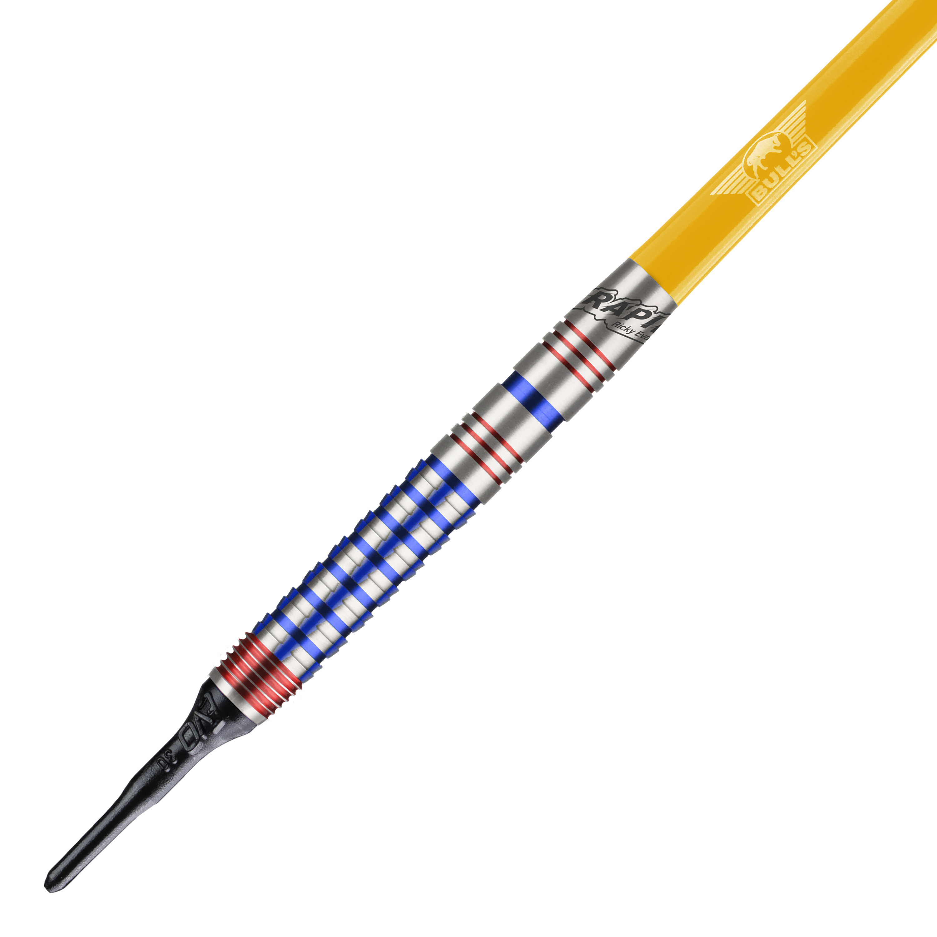 Bulls NL Ricky Evans Rapid Edition One Fléchettes souples - 20 g Dies ist ein Softdart aus der Serie "Bulls NL Ricky Evans Rapid Edition One" mit einem Gewicht von 20g. Der Dart hat einen silbernen Schaft mit blauen und roten Ringen sowie einen gelben Flight.