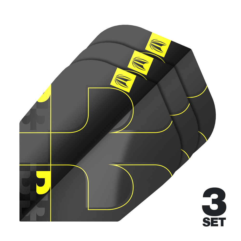 Vols Target ProUltra Bolide Void No6 Das Bild zeigt das Produkt "Target ProUltra Bolide Void No6 Flights" in einer schwarzen und gelben Farbkombination. Es sind drei Sets der Flights abgebildet.
