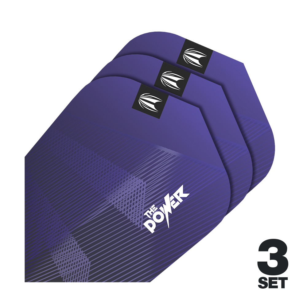 Ailettes Target Pro Ultra Phil Taylor Power GEN10 Ten-X - 3 jeux Das Bild zeigt drei Sätze lila Dart-Flights mit der Aufschrift "The Power". In der unteren rechten Ecke steht "3 Set".