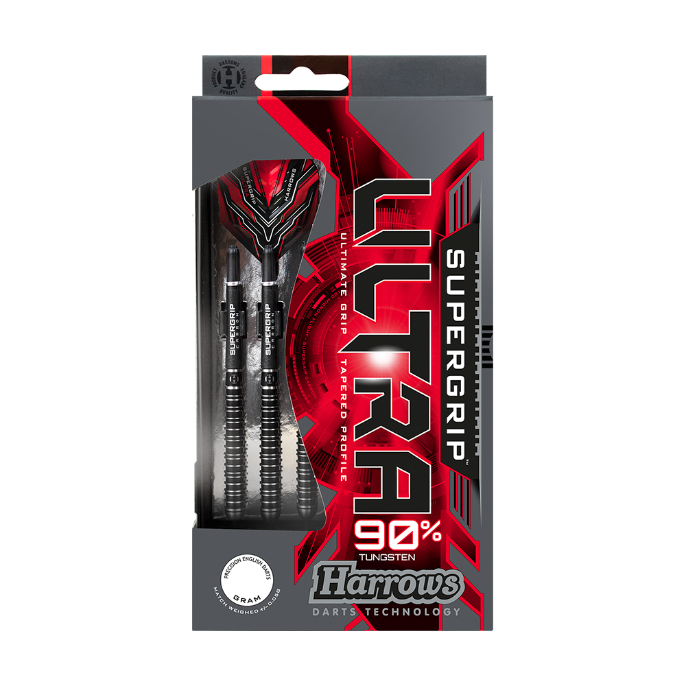 HA25138_Harrows_Supergrip_Ultra_Softdarts_3_-4_Harrows_Plastikbox Die Abbildung zeigt eine Packung Harrows Supergrip Ultra Softdarts. Die Verpackung ist überwiegend in Schwarz und Rot gestaltet und hebt 90% Tungsten hervor.