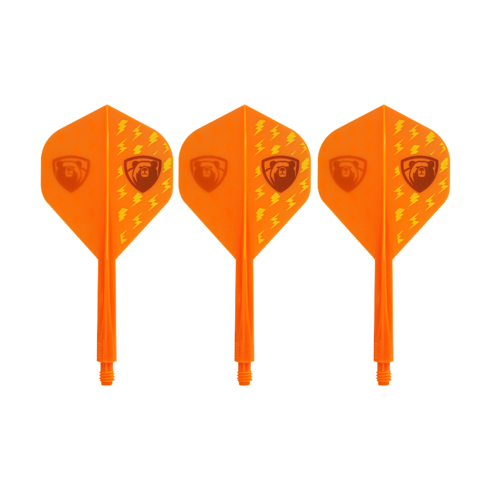 Das Bild zeigt drei orangefarbene Dart-Flights mit integriertem Schaft. Sie haben ein Blitzmuster und ein Logo auf jeder Flight-Seite.