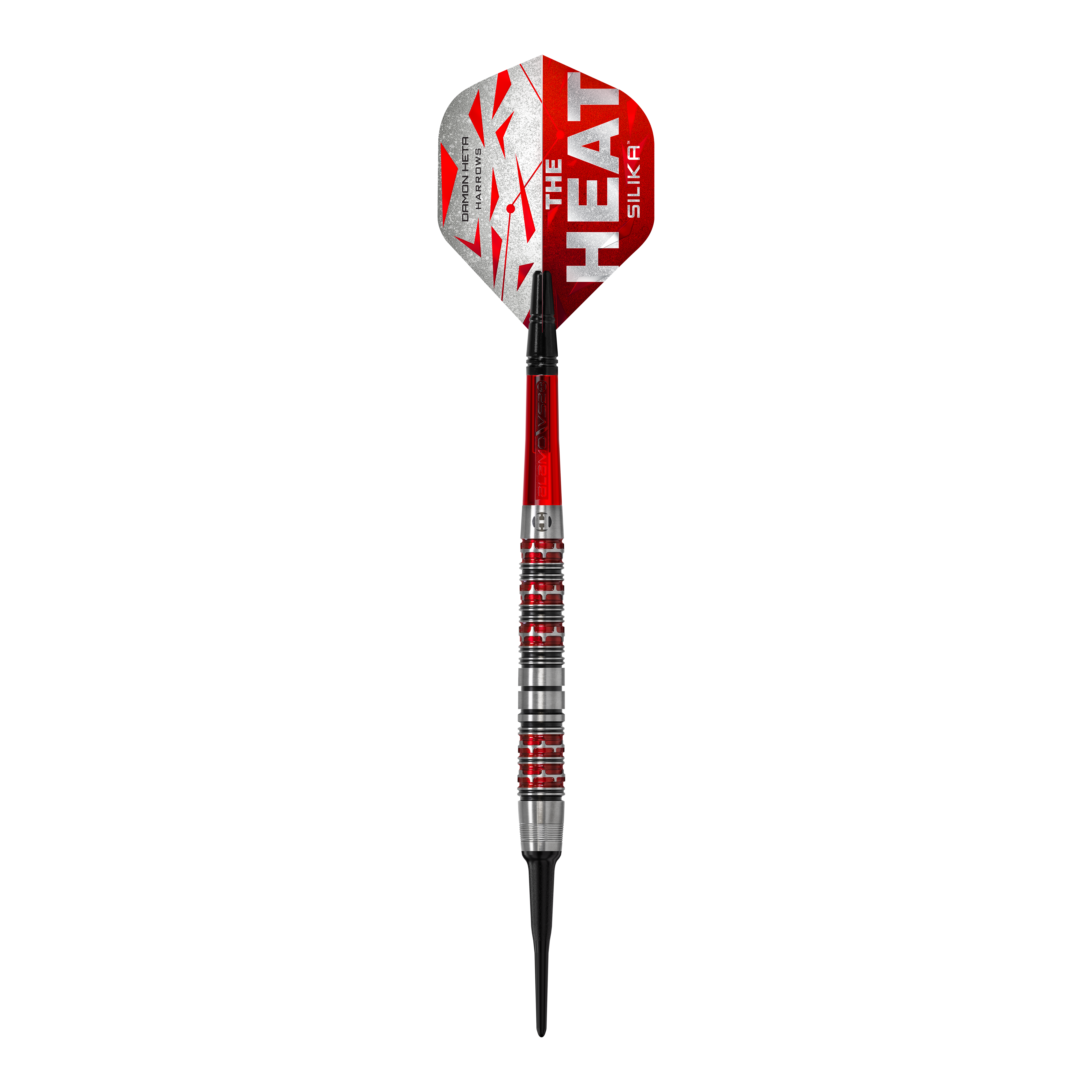 Fléchettes souples Damon Heta Series 3 de Harrow Das Bild zeigt einen Harrows Damon Heta Series 3 Softdart. Der Dart ist silber, rot und schwarz gestaltet und trägt den Aufdruck "The Heat" auf dem Flight.