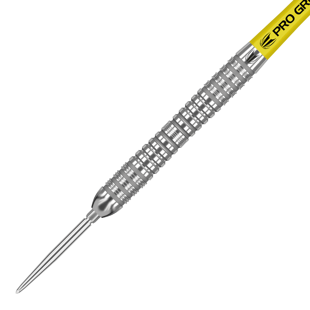 Das Bild zeigt einen Target Bolide 04 Swiss Point Steeldart. Der Dart ist silberfarben mit einem gelben Schaft und einem geriffelten Griffbereich.