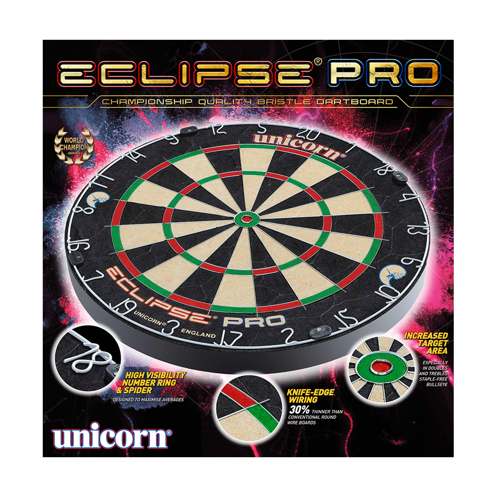 Cible de fléchettes Unicorn Eclipse Pro Das Bild zeigt das Produkt "Unicorn Eclipse Pro Dartboard". Es handelt sich um eine professionelle Dartscheibe mit erhöhter Zielgenauigkeit und spezieller Draht-Technologie.