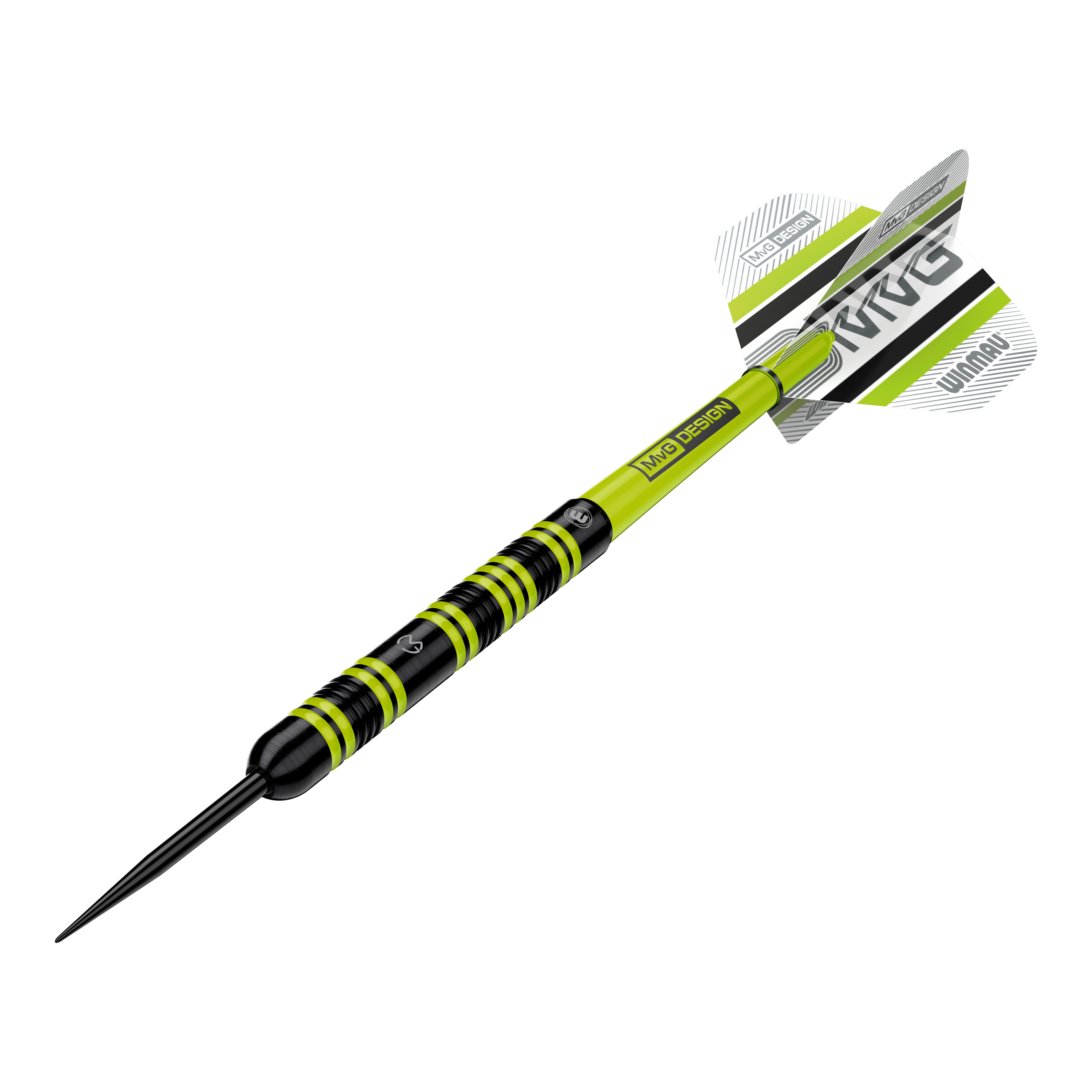 Fléchettes en acier Winmau Michael Van Gerwen 85 Pro-Series Das Bild zeigt einen Winmau Michael Van Gerwen 85 Pro-Series Steeldart. Der Dart hat ein auffälliges Design mit schwarzen und leuchtend grünen Akzenten sowie einem MVG-Logo auf den Flights.