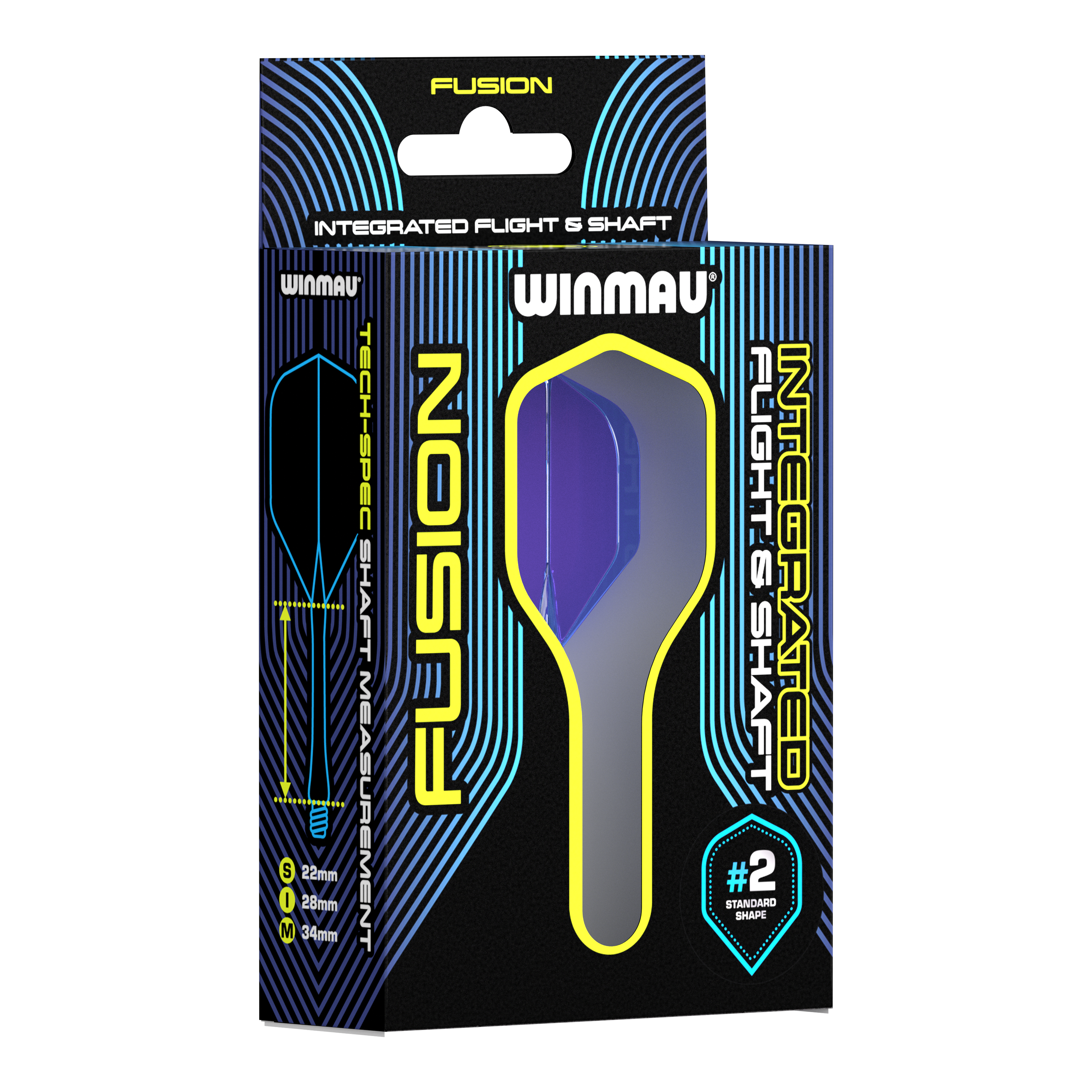 Système d'arbre de vol Winmau Fusion Standard Bleu Auf dem Bild ist eine Verpackung des Winmau Fusion Integrated Flight & Shaft Systems zu sehen. Die abgebildete Variante ist blau und hat eine Länge von 22 mm (#2 Standardform).