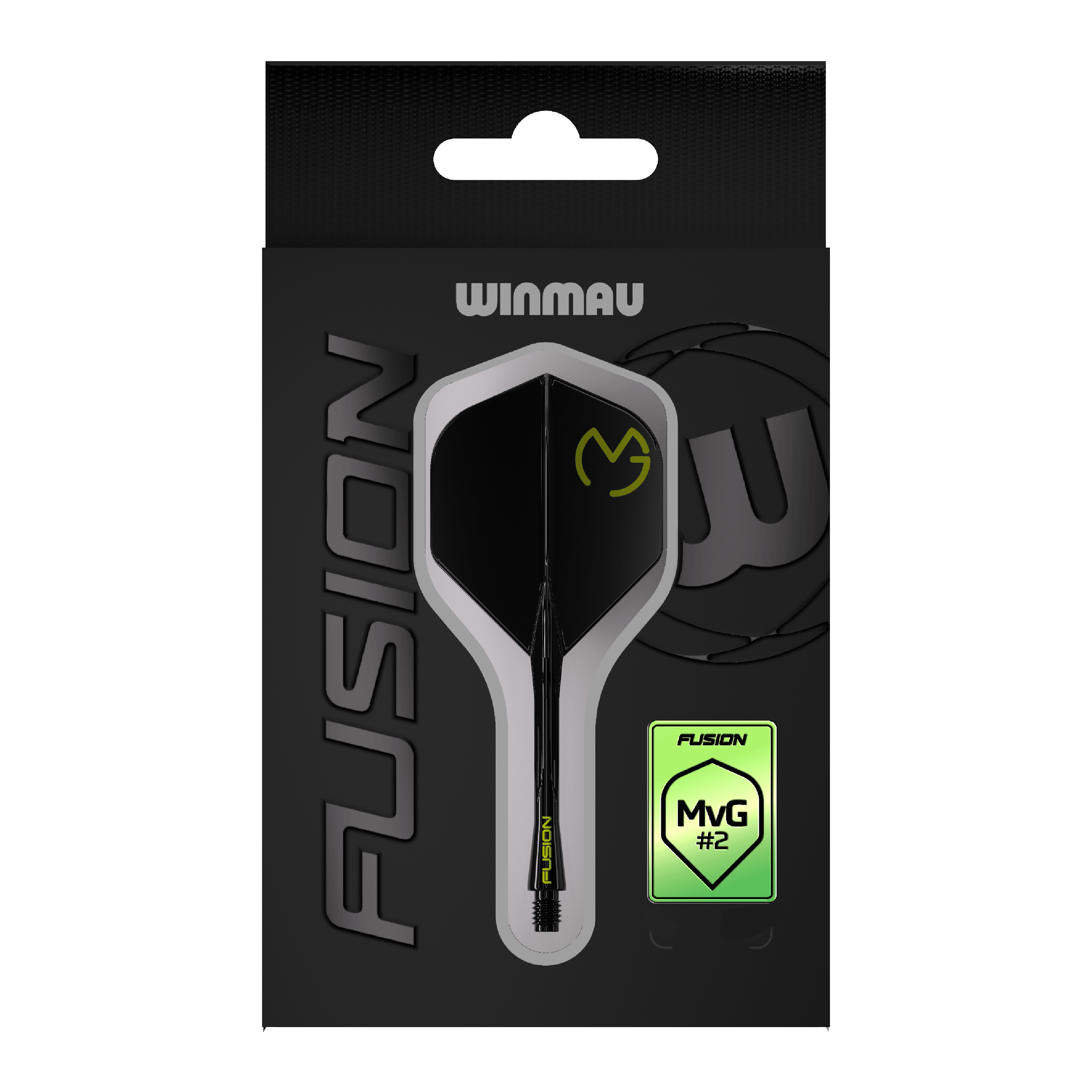 Système d'arbre de vol Winmau Fusion Michael Van Gerwen Pacman No2 Standard Das Bild zeigt die Verpackung des Winmau Fusion Flight-Shaft-Systems Michael Van Gerwen Pacman Nr. 2 Standard. Das Produkt ist schwarz mit gelben Akzenten gestaltet und trägt das MVG-Logo.