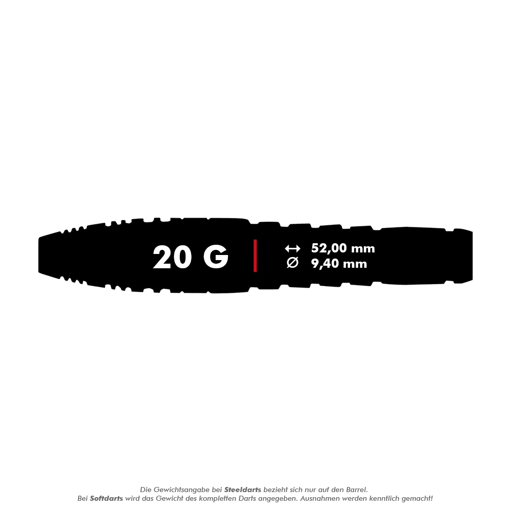 Fléchettes en acier Unicorn Top Brass V4 - 20 g Das Bild zeigt die Produktinformationen zu "Unicorn Top Brass V4 Steeldarts - 20g". Die Darts wiegen 20 Gramm, sind 52,00 mm lang und haben einen Durchmesser von 9,40 mm.