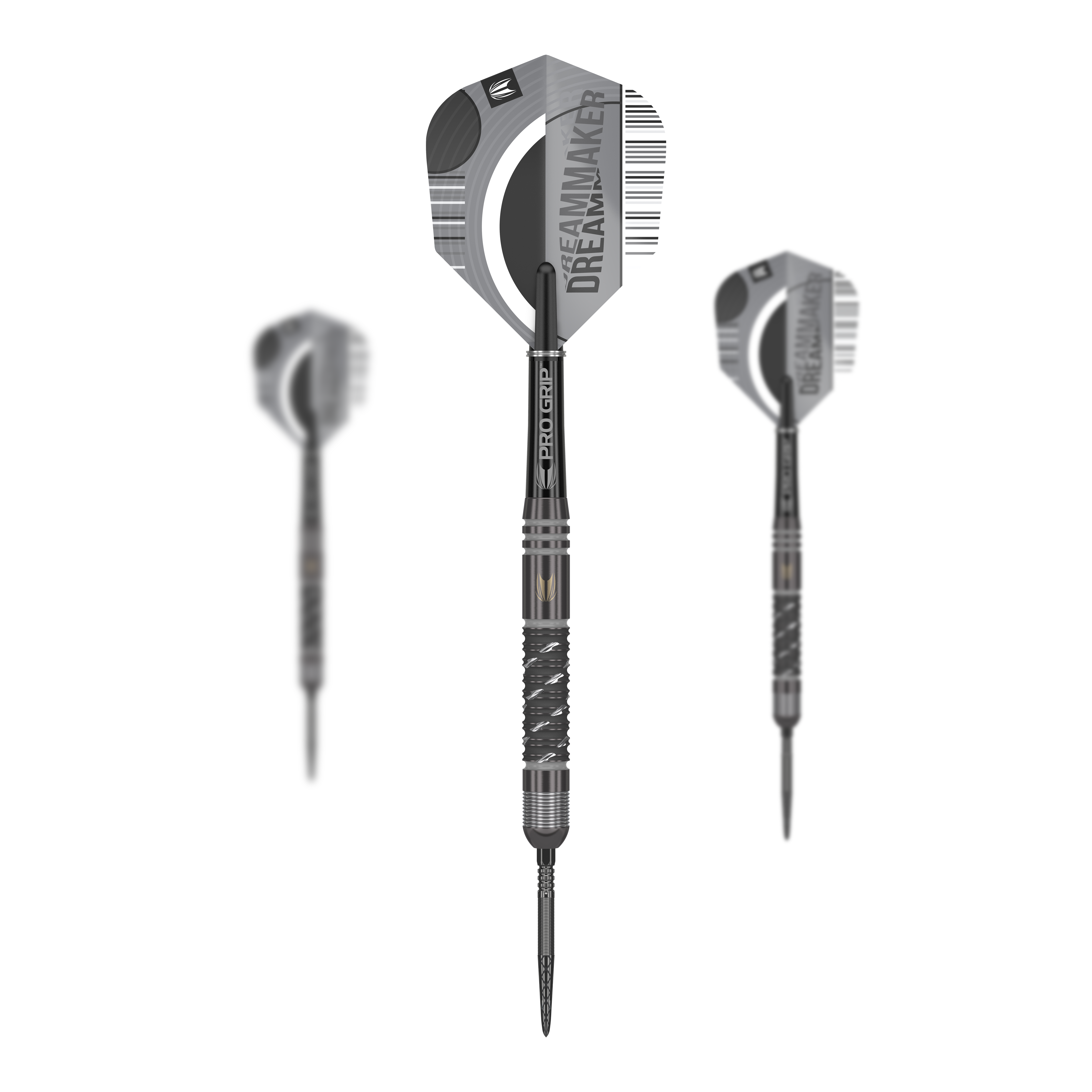 Fléchettes en acier Target Dimitri Van Den Bergh X Echo Swiss Point Das Bild zeigt drei Steeldarts aus der Produktreihe „Target Dimitri Van Den Bergh X Echo Swiss Point“. Die Darts haben schwarze Griffe und Flights mit der Aufschrift „DREAMMAKER“.